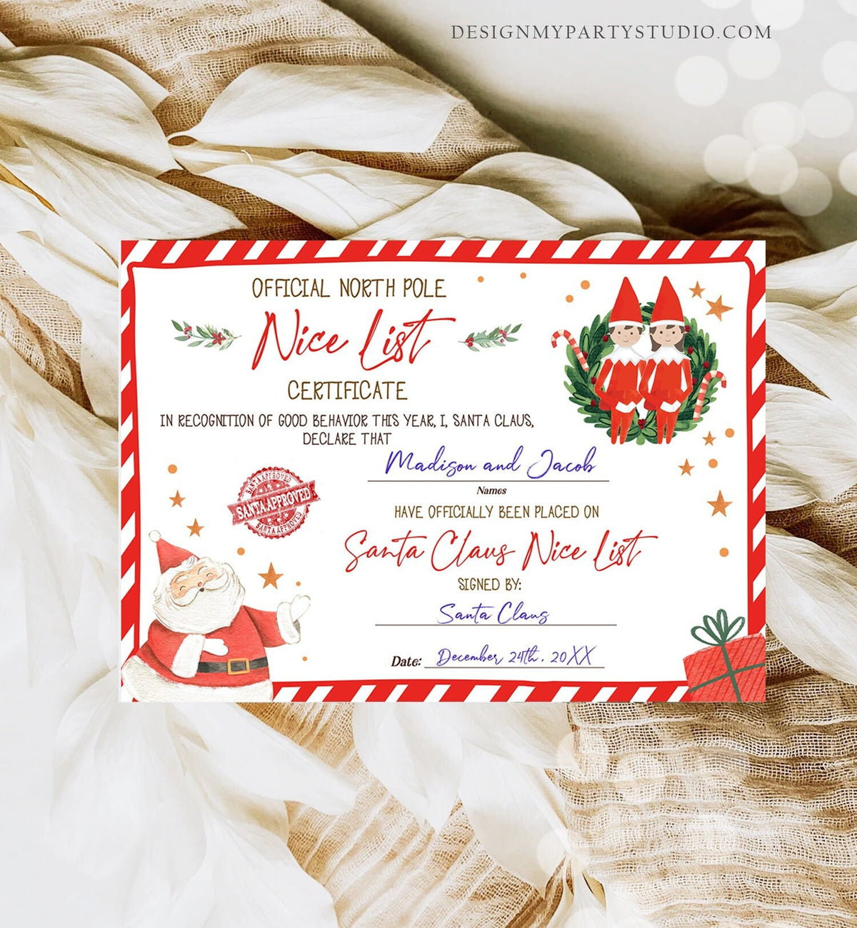 Editable Santa Claus Official Nice List Certificate Letter From Desk Christmas Eve Elves Boy Girl North Pole Corjl Template Printable 0358