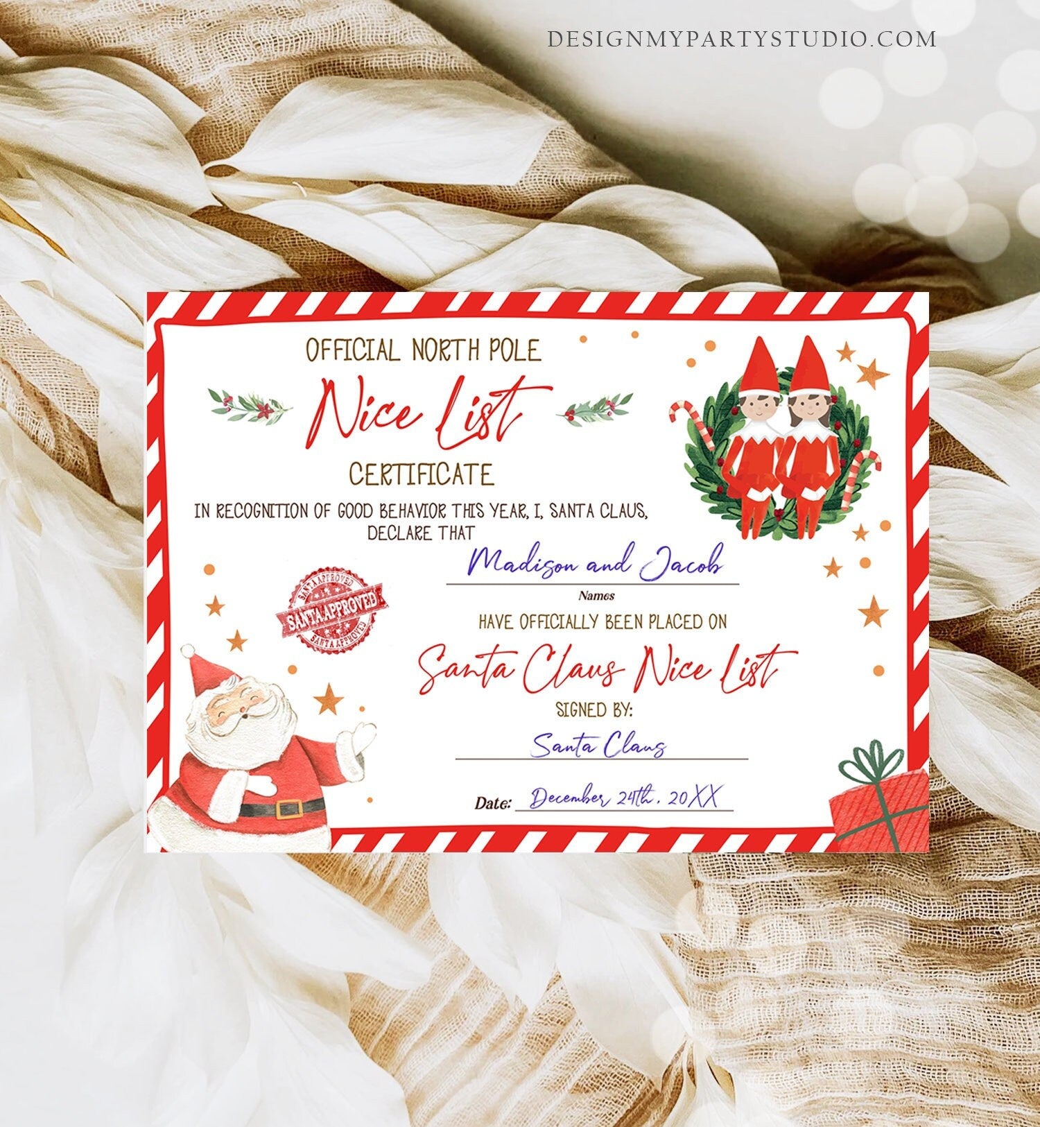 Editable Santa Claus Official Nice List Certificate Letter From Desk Christmas Eve Elves Boy Girl North Pole Corjl Template Printable 0358