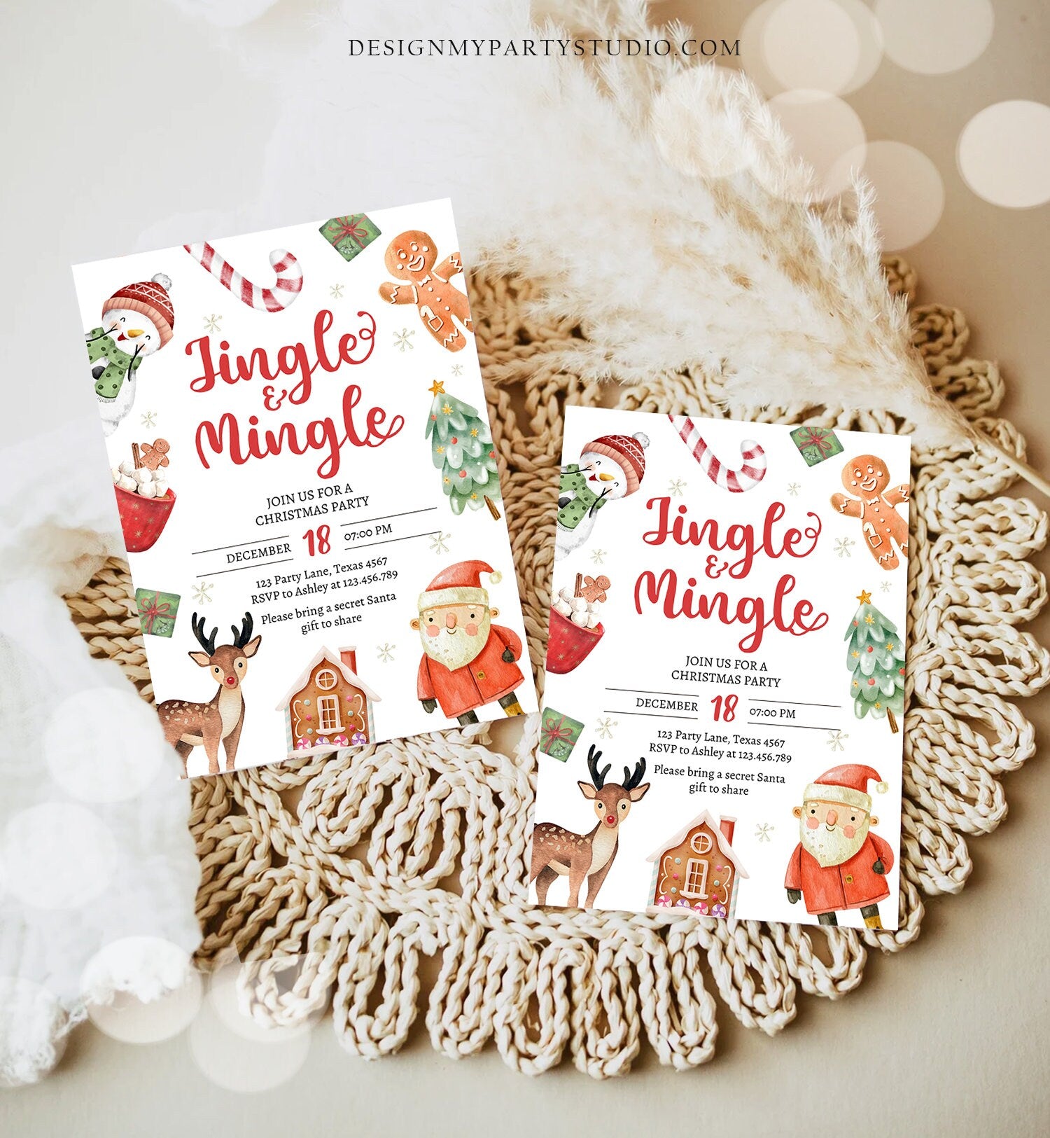 Editable Christmas Party Invitation Kids Christmas Invite Holiday Party Jingle and Mingle Birthday Corjl Template Download Printable 0445
