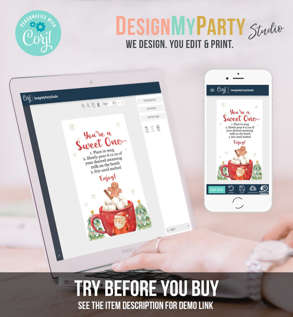 Editable Hot Chocolate Bomb Tags Bomb Instructions Holiday Favor Tags Winter Christmas You&#39;re a Sweet One Cocoa Digital PRINTABLE 0443 0445