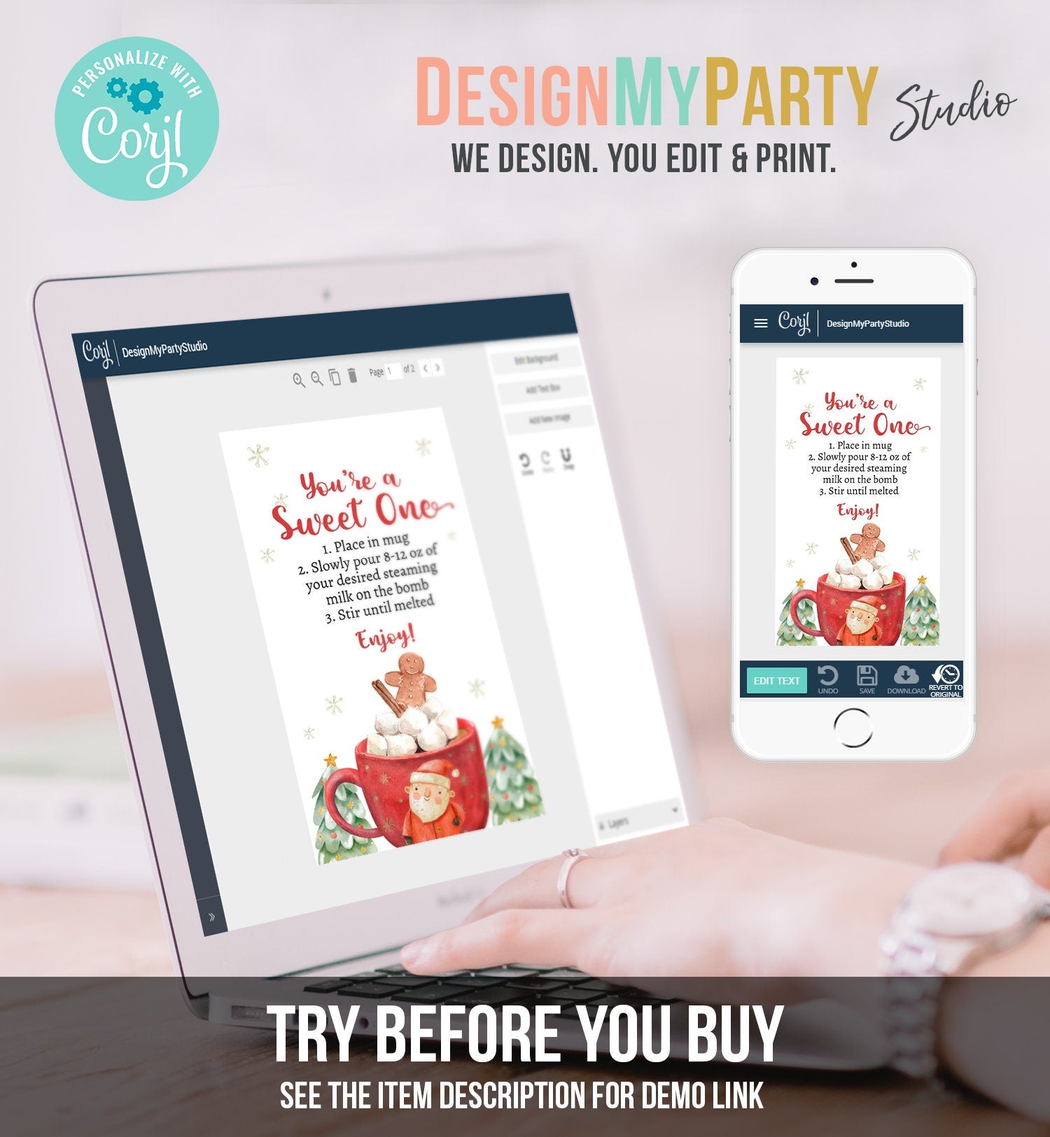 Editable Hot Chocolate Bomb Tags Bomb Instructions Holiday Favor Tags Winter Christmas You're a Sweet One Cocoa Digital PRINTABLE 0443 0445