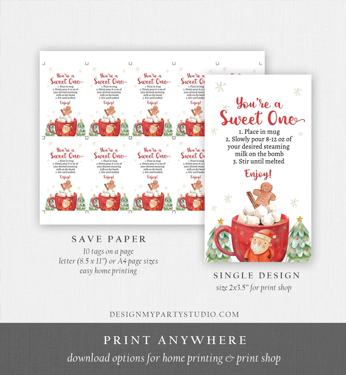 Editable Hot Chocolate Bomb Tags Bomb Instructions Holiday Favor Tags Winter Christmas You&#39;re a Sweet One Cocoa Digital PRINTABLE 0443 0445