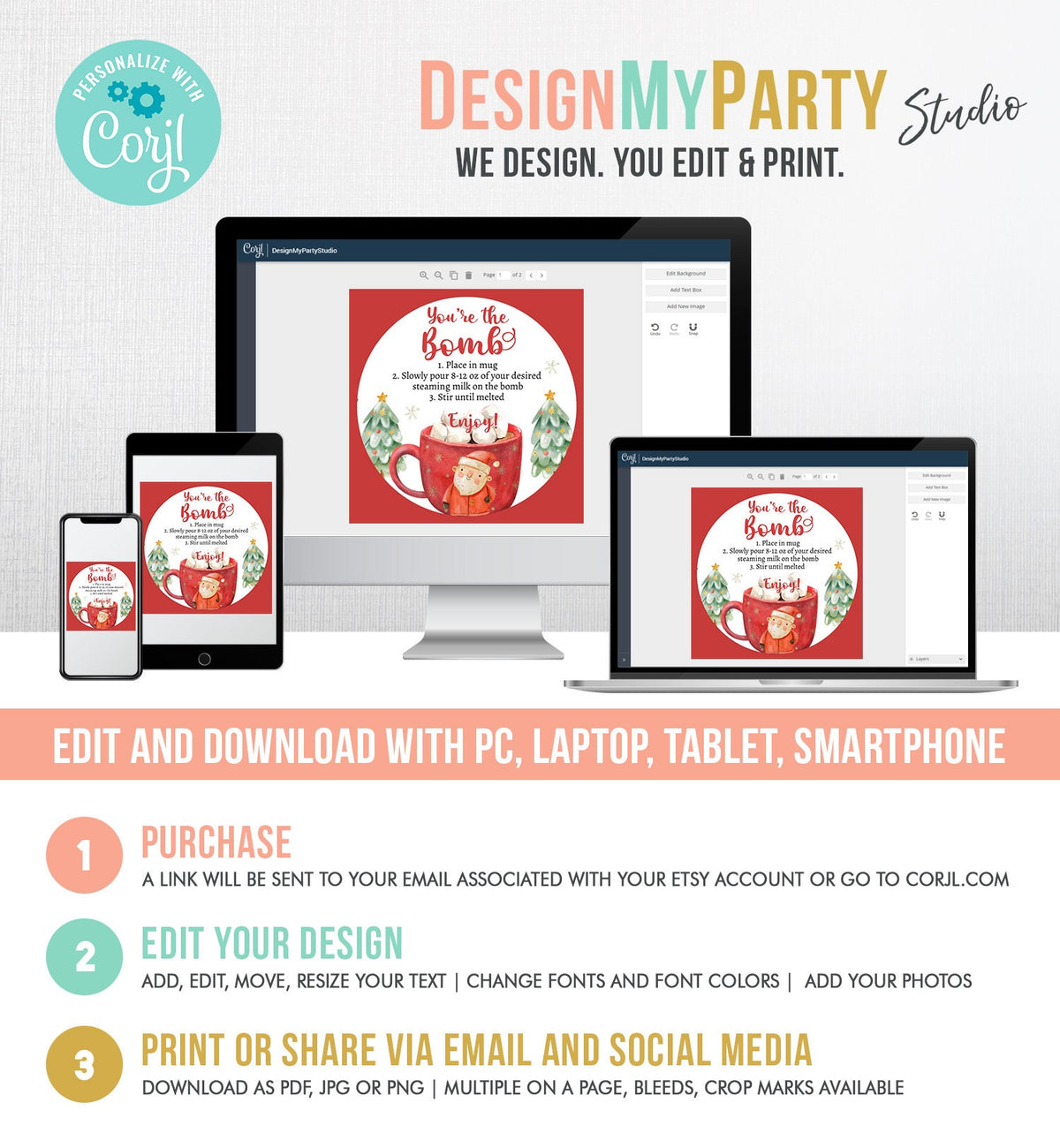 Editable Hot Chocolate Bomb Tags Bomb Instructions Cookies and Cocoa Favor Tags Winter Christmas You&#39;re The Bomb Digital PRINTABLE 0445 0443