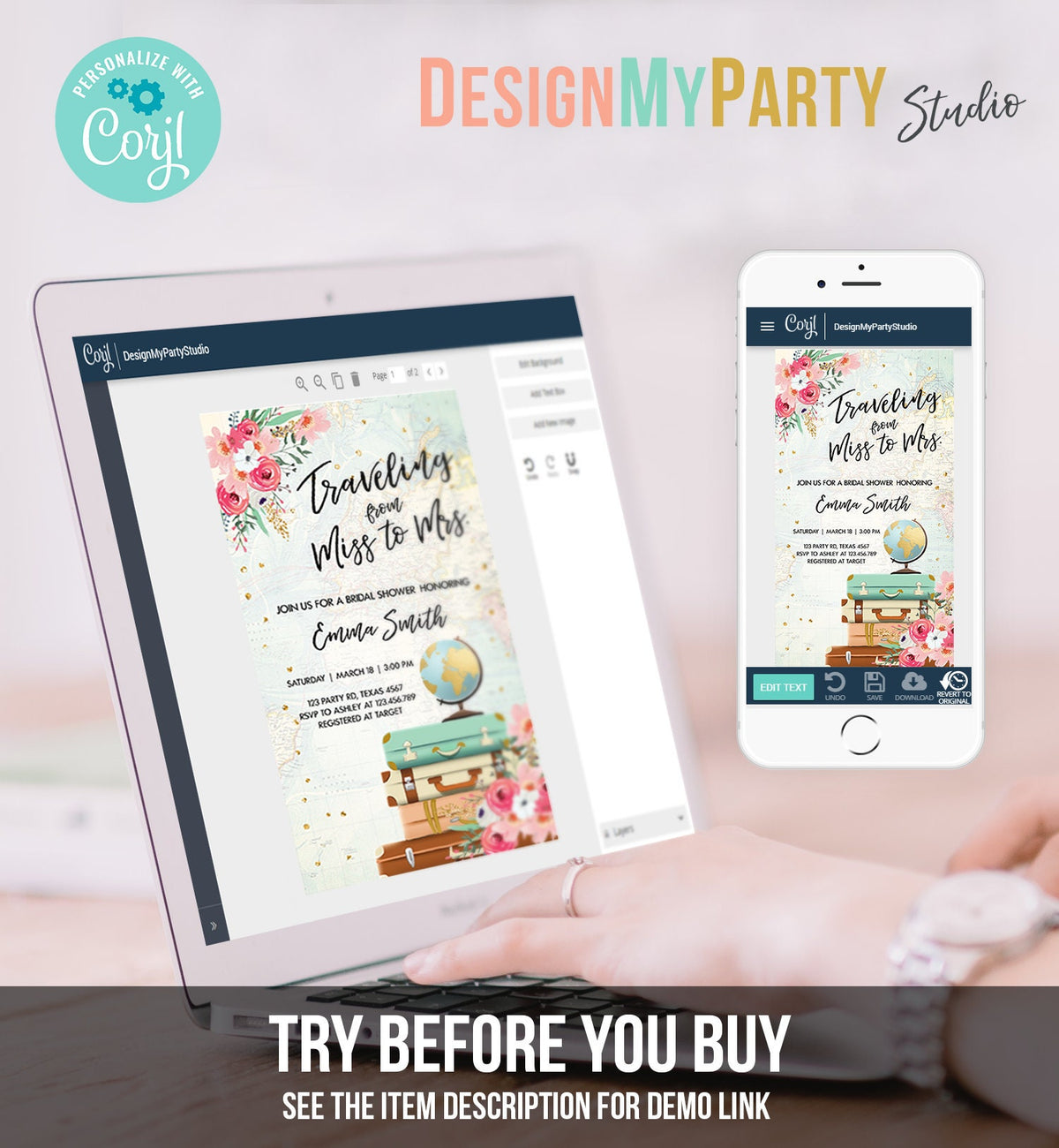 Editable Miss to Mrs Travel Bridal Shower Evite Flowers Globe Suitcase Gold Confetti Traveling Download Phone Invitation Corjl Template 0030