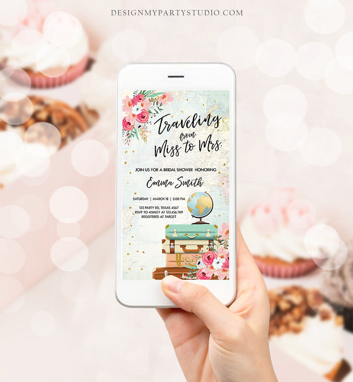Editable Miss to Mrs Travel Bridal Shower Evite Flowers Globe Suitcase Gold Confetti Traveling Download Phone Invitation Corjl Template 0030