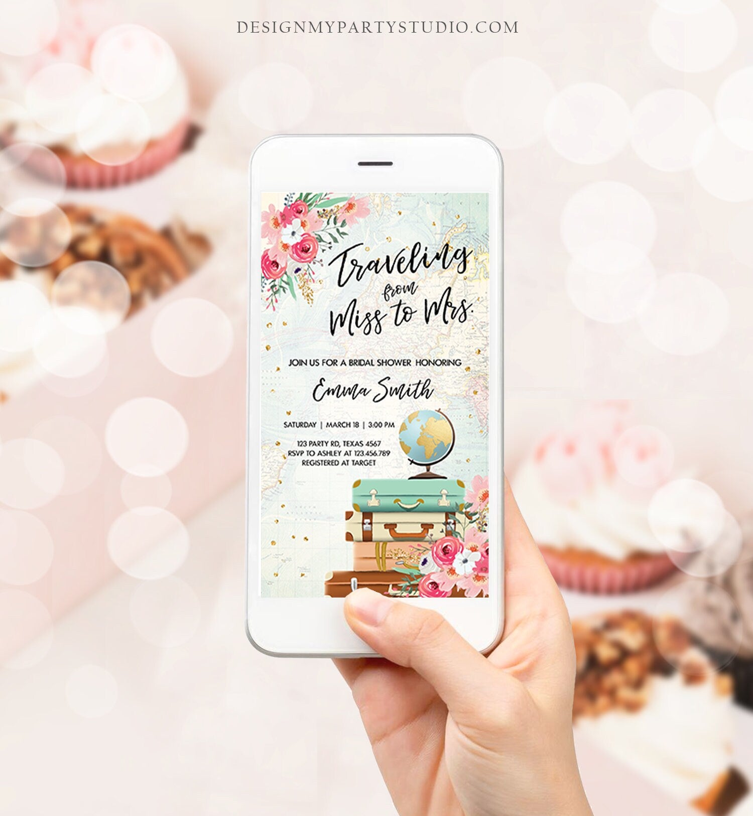 Editable Miss to Mrs Travel Bridal Shower Evite Flowers Globe Suitcase Gold Confetti Traveling Download Phone Invitation Corjl Template 0030
