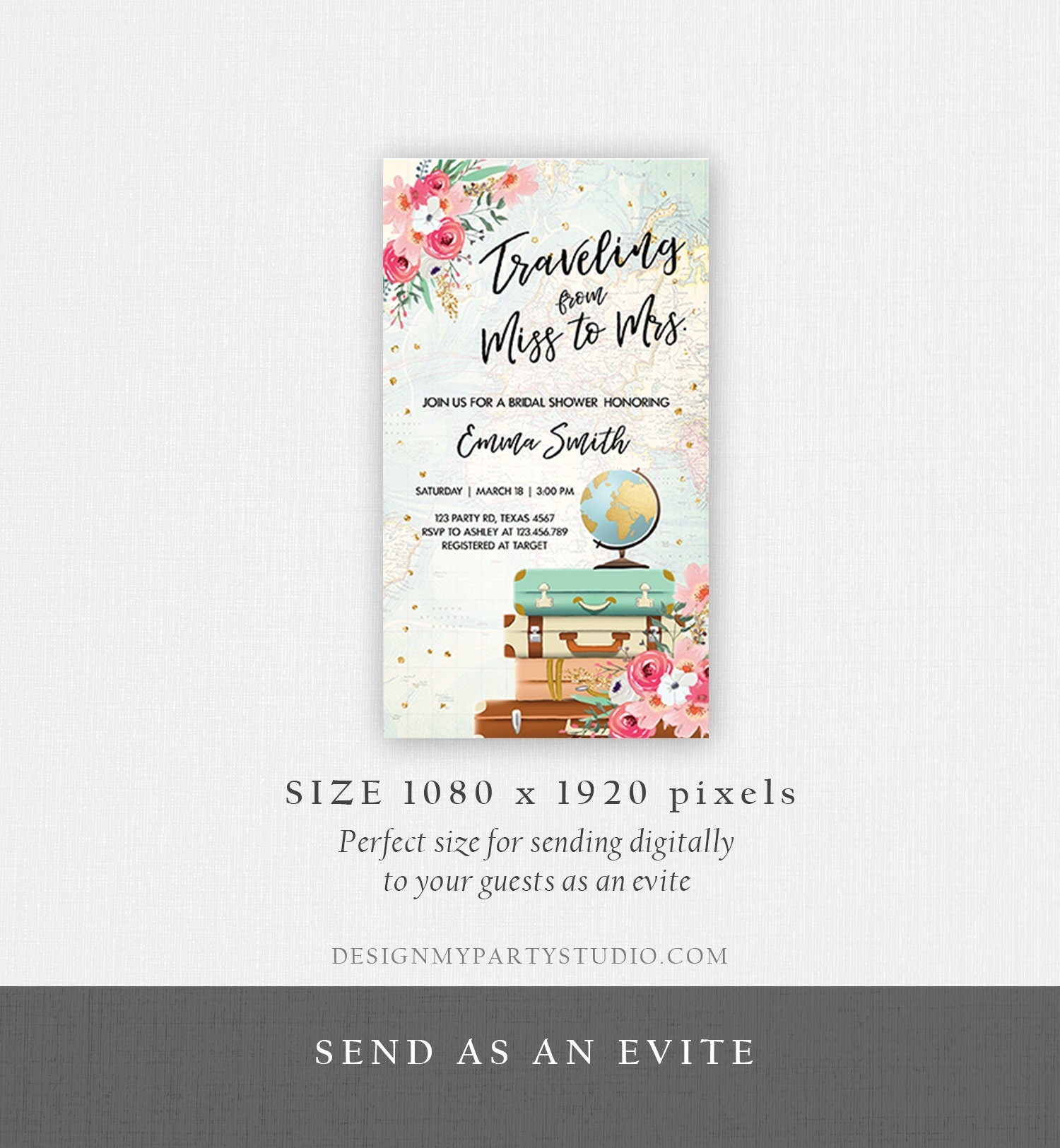 Editable Miss to Mrs Travel Bridal Shower Evite Flowers Globe Suitcase Gold Confetti Traveling Download Phone Invitation Corjl Template 0030