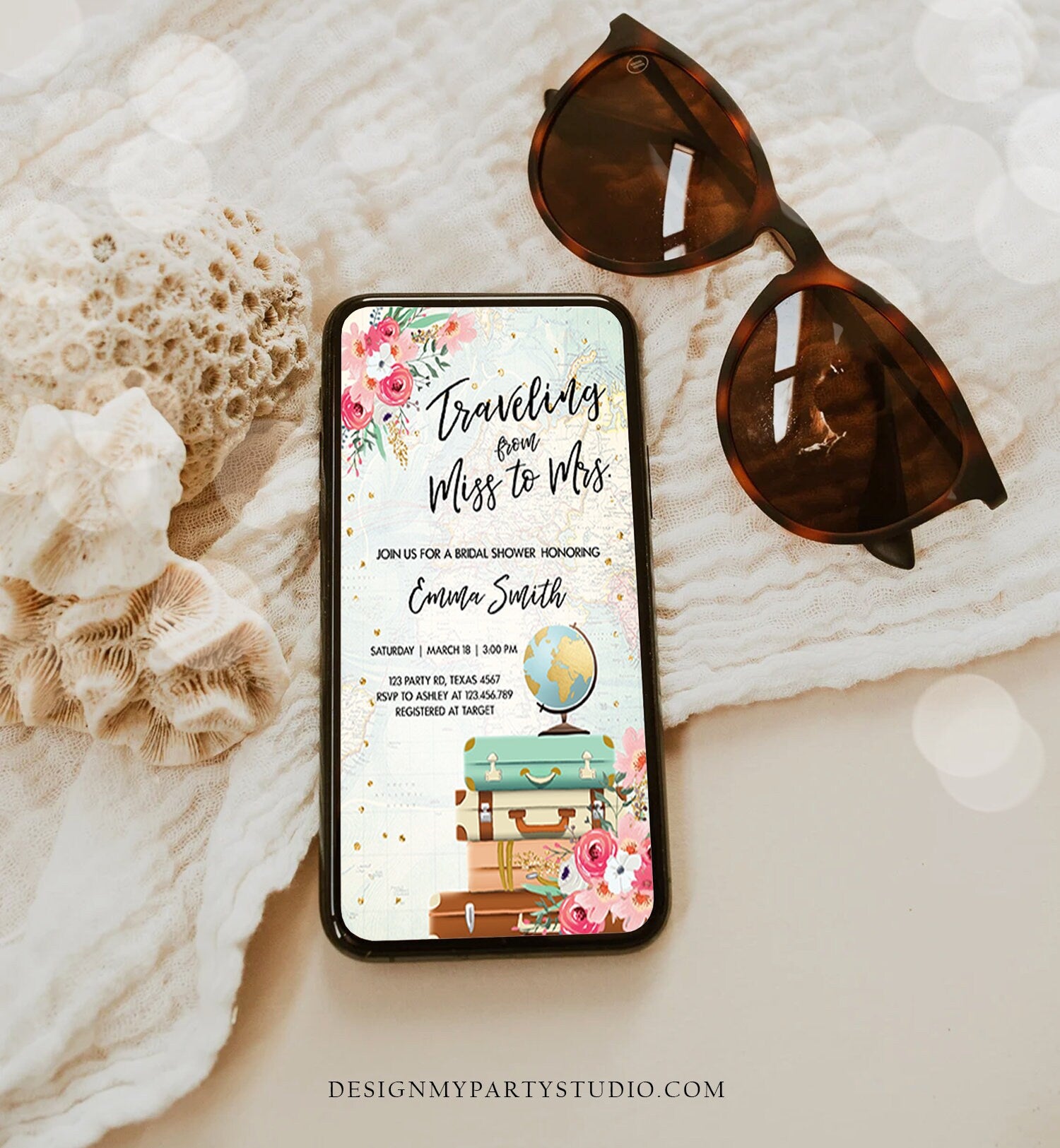 Editable Miss to Mrs Travel Bridal Shower Evite Flowers Globe Suitcase Gold Confetti Traveling Download Phone Invitation Corjl Template 0030