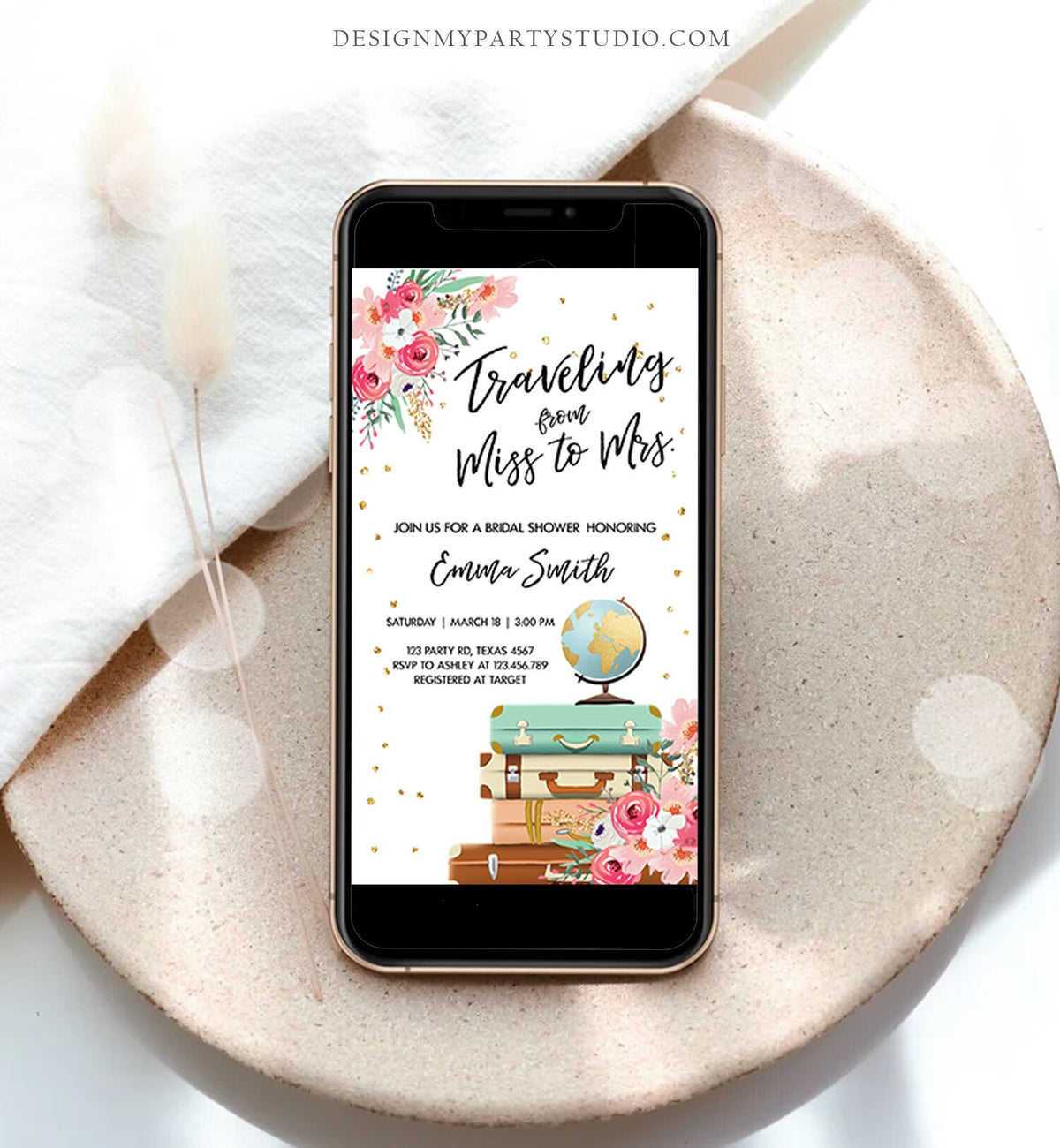 Editable Miss to Mrs Travel Bridal Shower Evite Flowers Globe Suitcase Gold Confetti Traveling Download Phone Invitation Corjl Template 0030