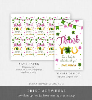 Editable St Patrick's Day Thank You Favor Tag Lucky One Horseshoe Girl Pink Gold Clover Shamrock Birthday Party Corjl Template 0451 0379