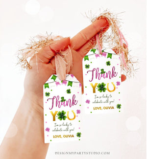 Editable St Patrick's Day Thank You Favor Tag Lucky One Horseshoe Girl Pink Gold Clover Shamrock Birthday Party Corjl Template 0451 0379
