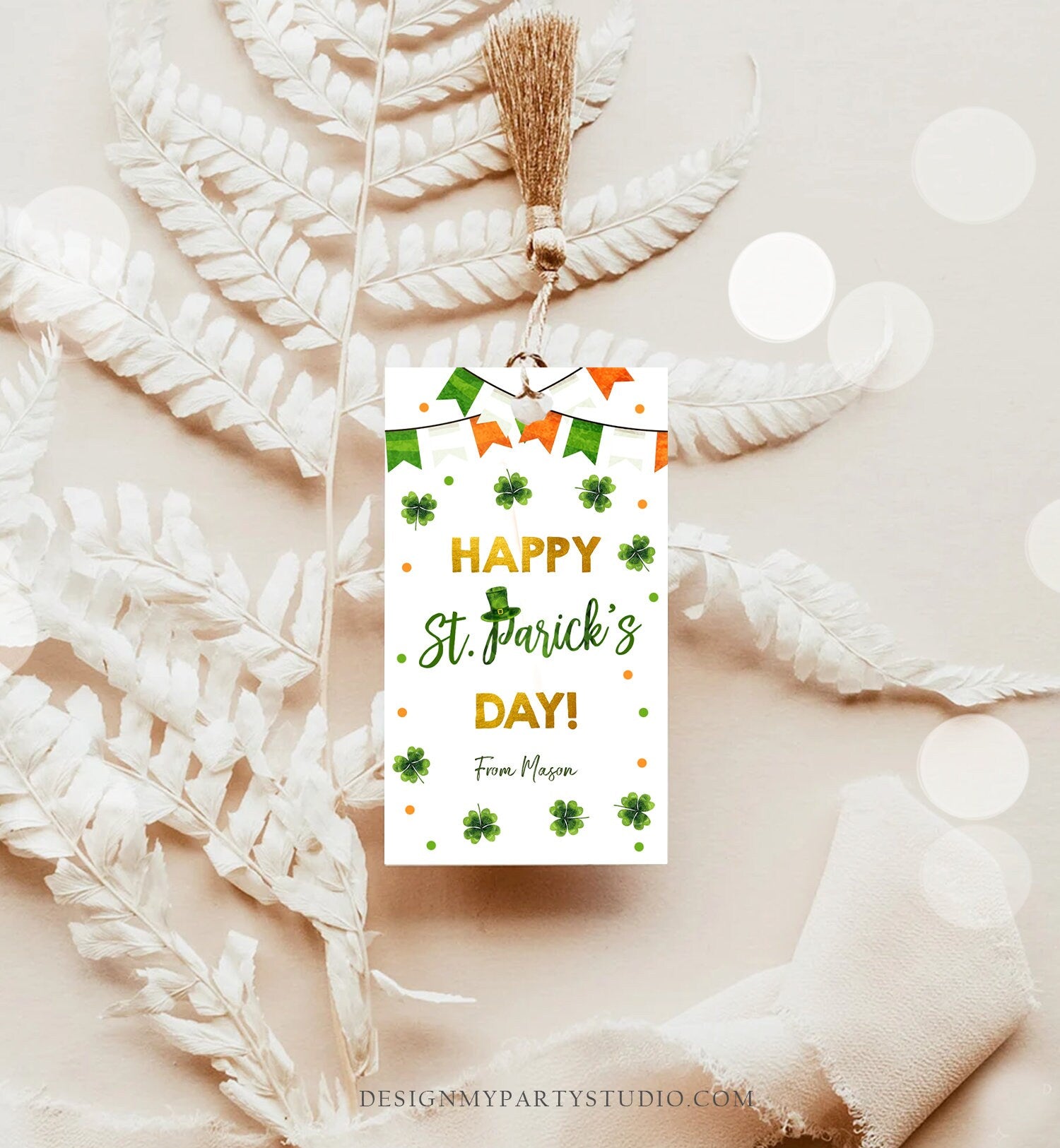 Editable Happy St Patrick's Day Thank You Favor Tag Lucky One Horseshoe Girl Pink Gold Clover Teacher Appreciation Corjl Template 0451 0379