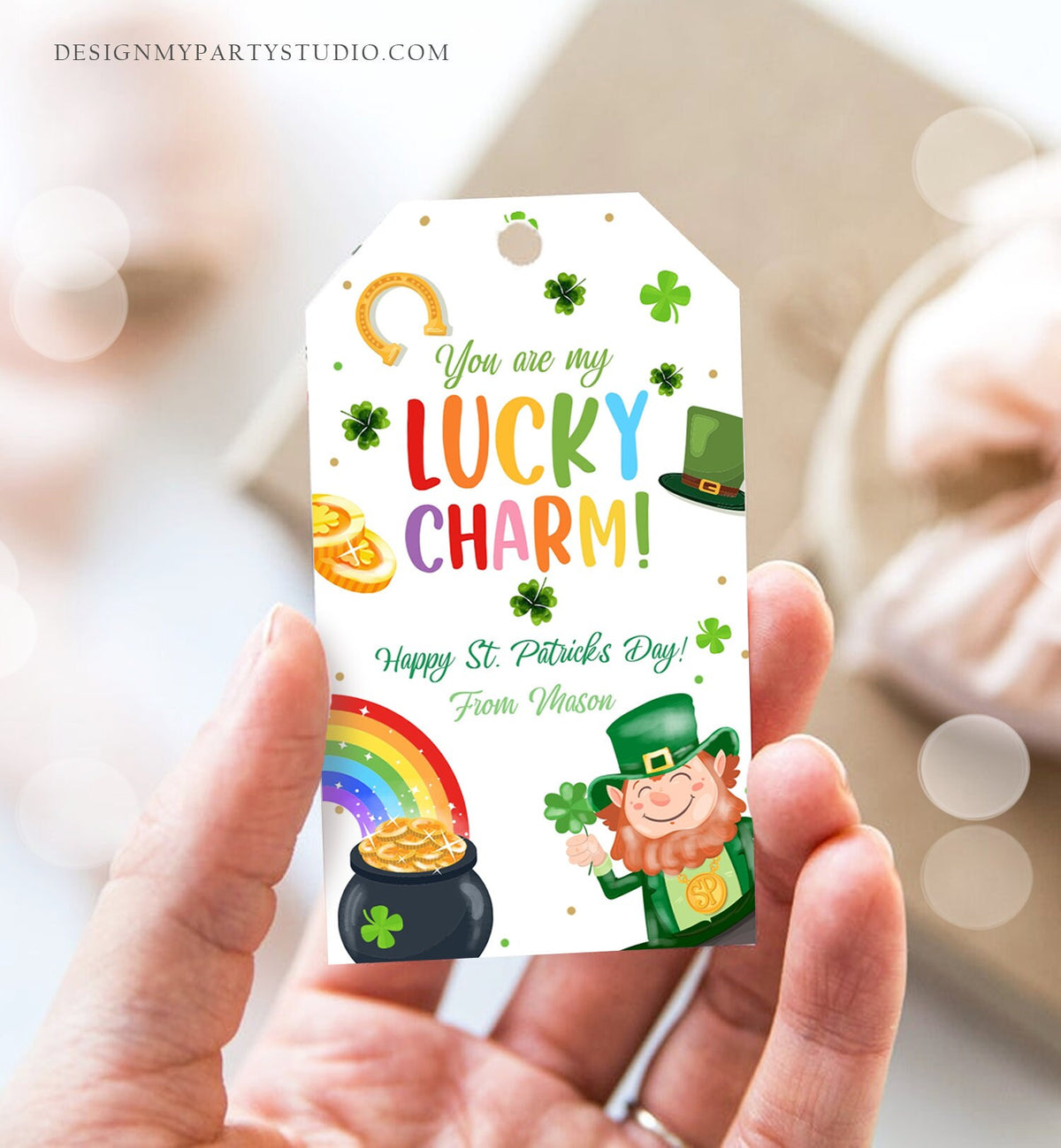 Editable St. Patrick&#39;s Day Tag You Are My Lucky Charm Rainbow Favor Tag Friend School Shamrock Cereal Coworker Friend Template Corjl 0451