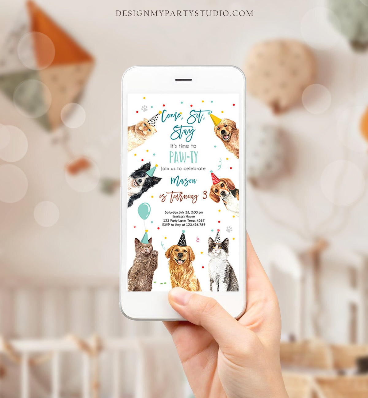 Editable Cats and Dogs Birthday Evite Cat Dog Birthday Party Invite Boy Kitten Puppy Pawty Download Electronic Phone Template Corjl 0384