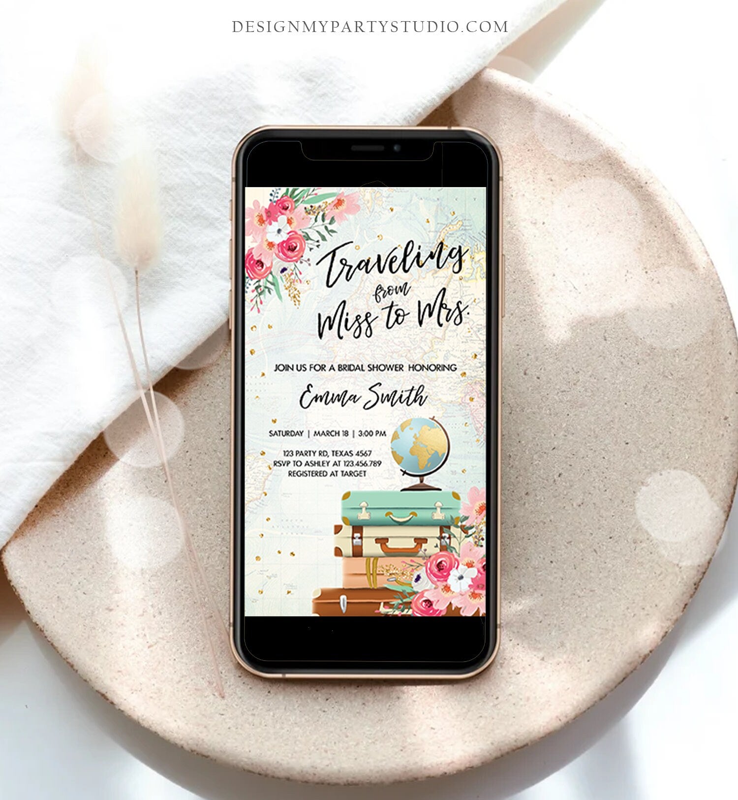 Editable Miss to Mrs Travel Bridal Shower Evite Flowers Globe Suitcase Gold Confetti Traveling Download Phone Invitation Corjl Template 0030