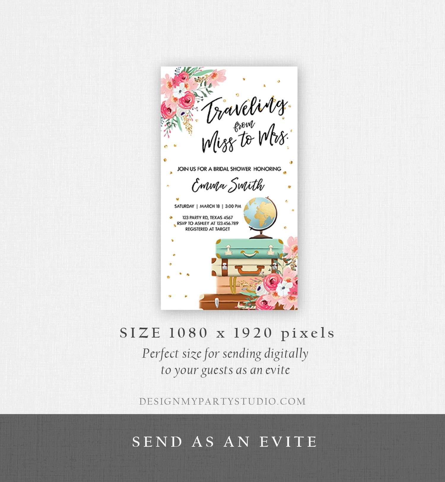 Editable Miss to Mrs Travel Bridal Shower Evite Flowers Globe Suitcase Gold Confetti Traveling Download Phone Invitation Corjl Template 0030