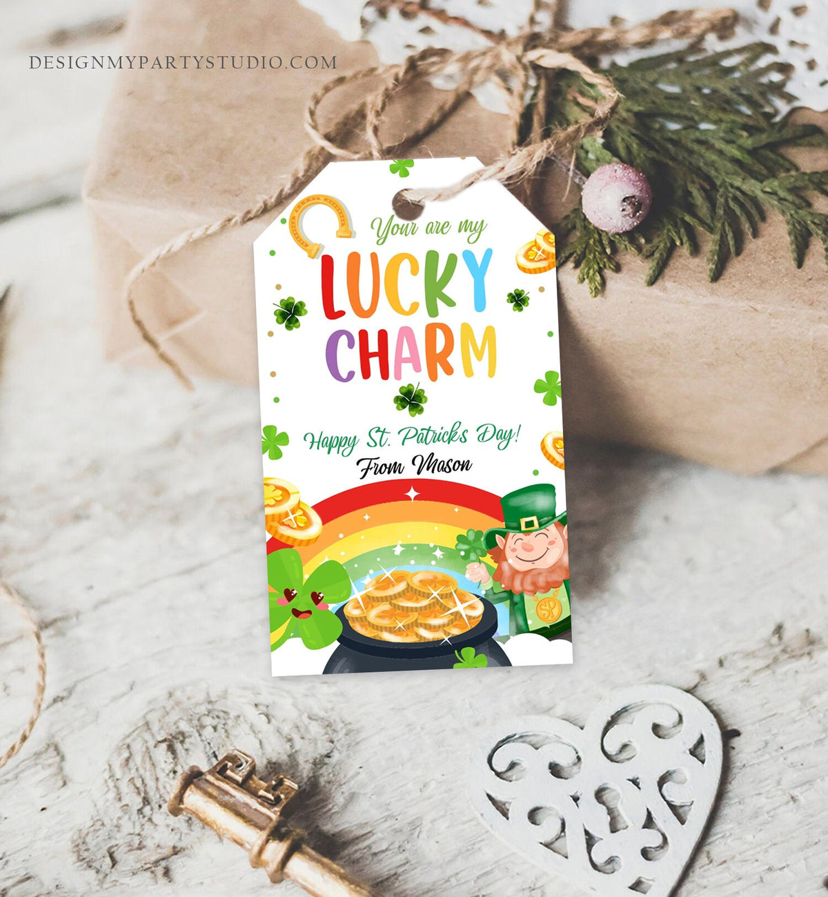Editable St. Patrick&#39;s Day Tag You Are My Lucky Charm Rainbow Favor Tag Friend School Shamrock Cereal Coworker Friend Template Corjl 0451