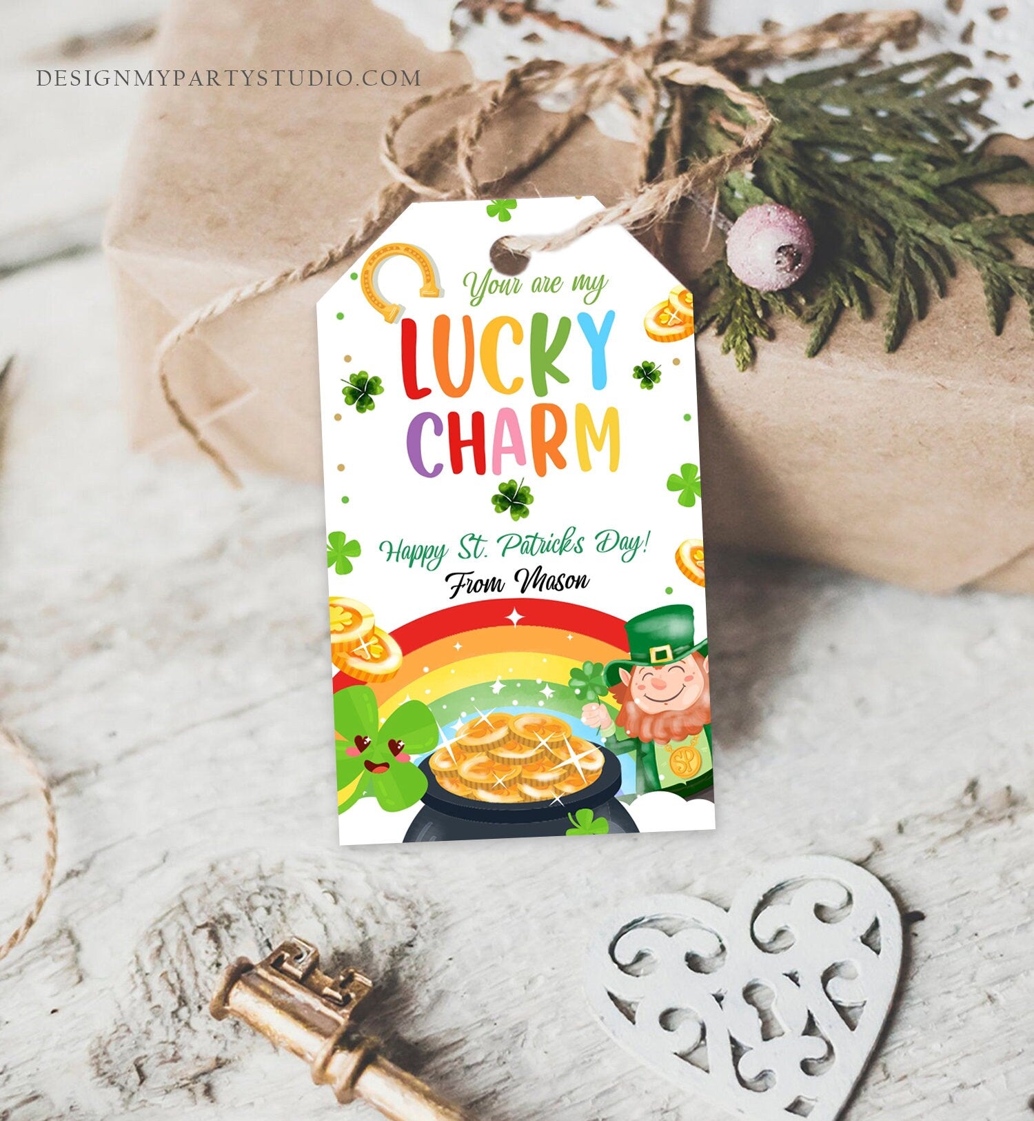 Editable St. Patrick's Day Tag You Are My Lucky Charm Rainbow Favor Tag Friend School Shamrock Cereal Coworker Friend Template Corjl 0451
