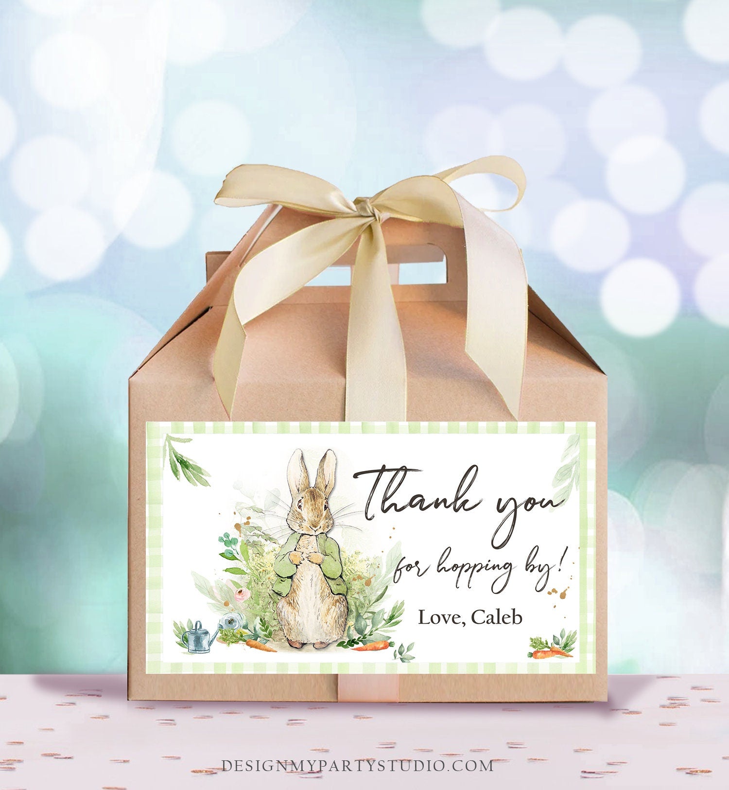 Editable Peter Rabbit Gable Gift Box Label Bunny Favors Peter Rabbit Baby Shower Thank You Hopping Neutral Download Printable Corjl 0351