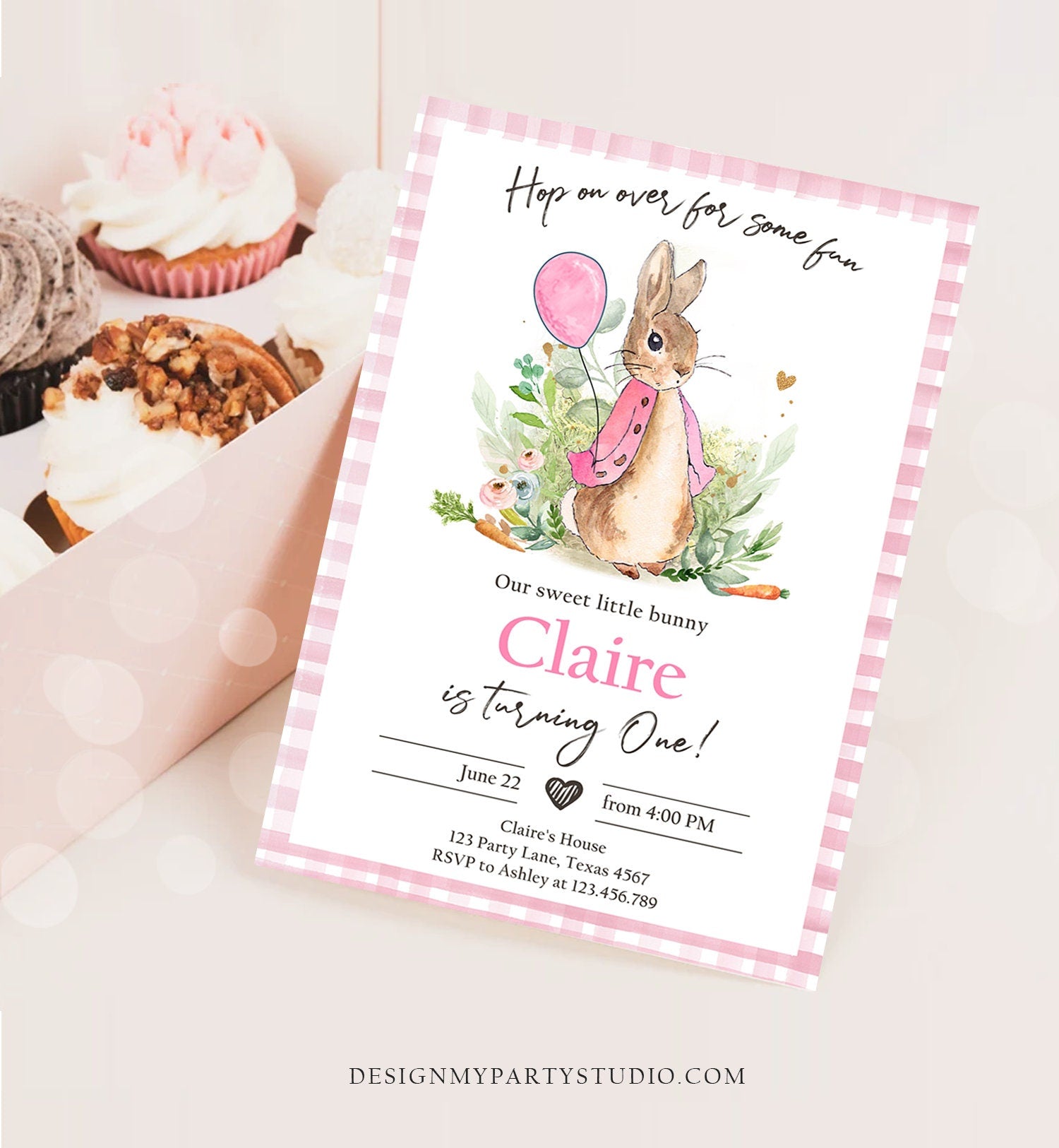 Editable Flopsy Bunny Birthday Invitation Girl Pink Rustic Peter Rabbi ...