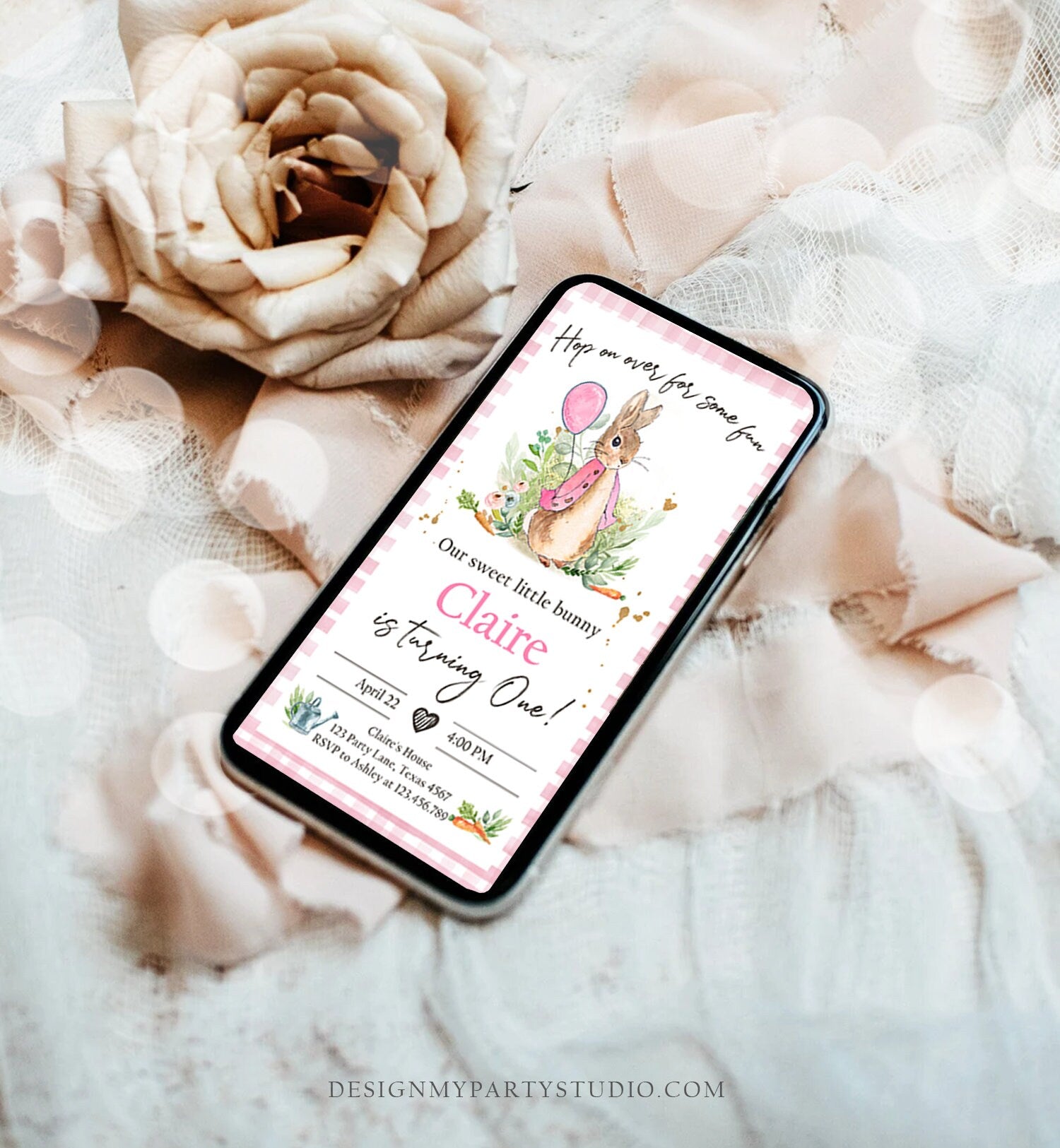 Editable Flopsy Rabbit Birthday Evite Electronic Girl Pink Rustic Bunny First Birthday Invitation Hop On Over Corjl Template Phone 0351