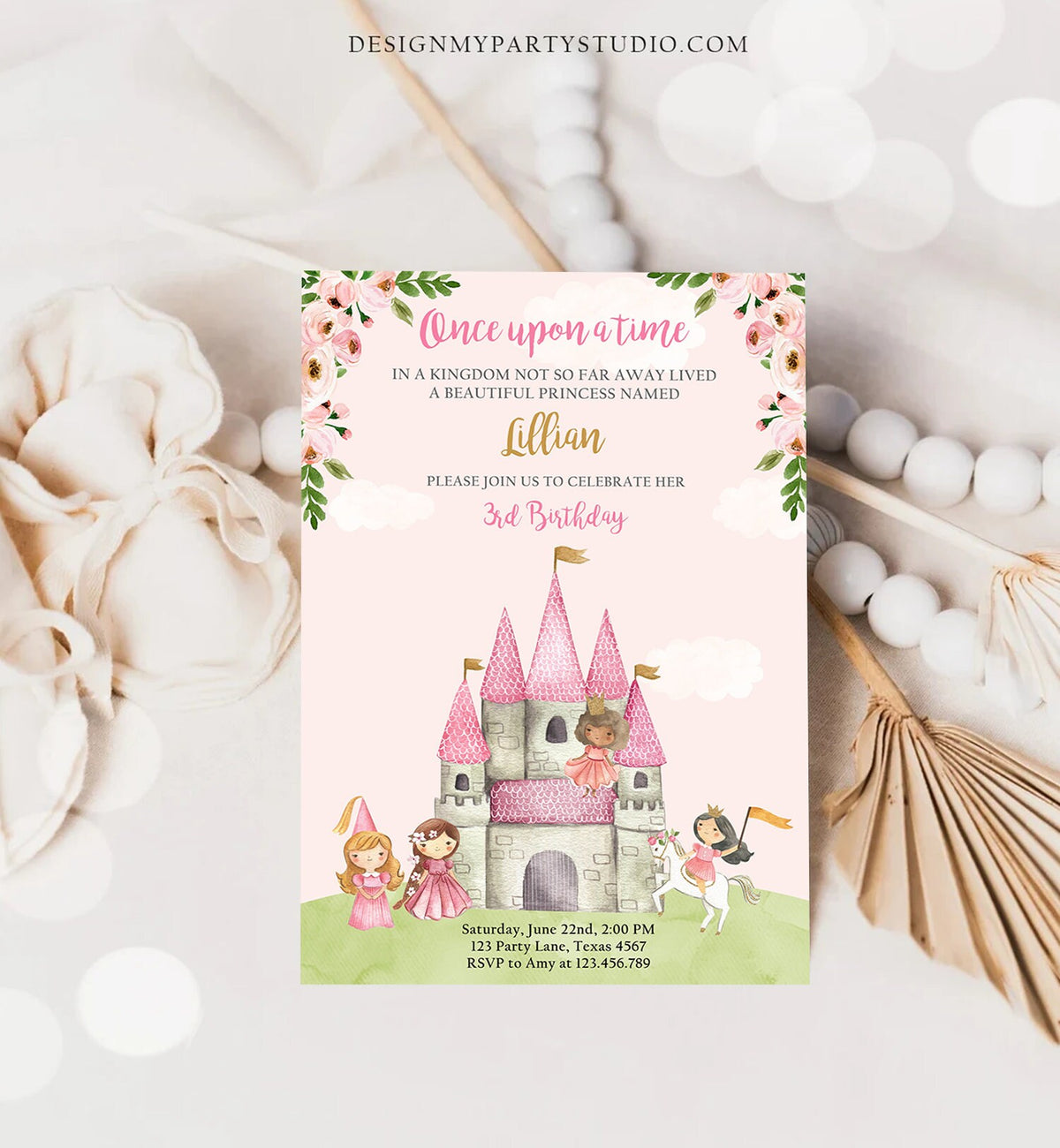 Editable Princess Birthday Invitation Once Upon a Time Princess Invitation Royal Birthday Girl Pink Castle Template Corjl Printable 0171