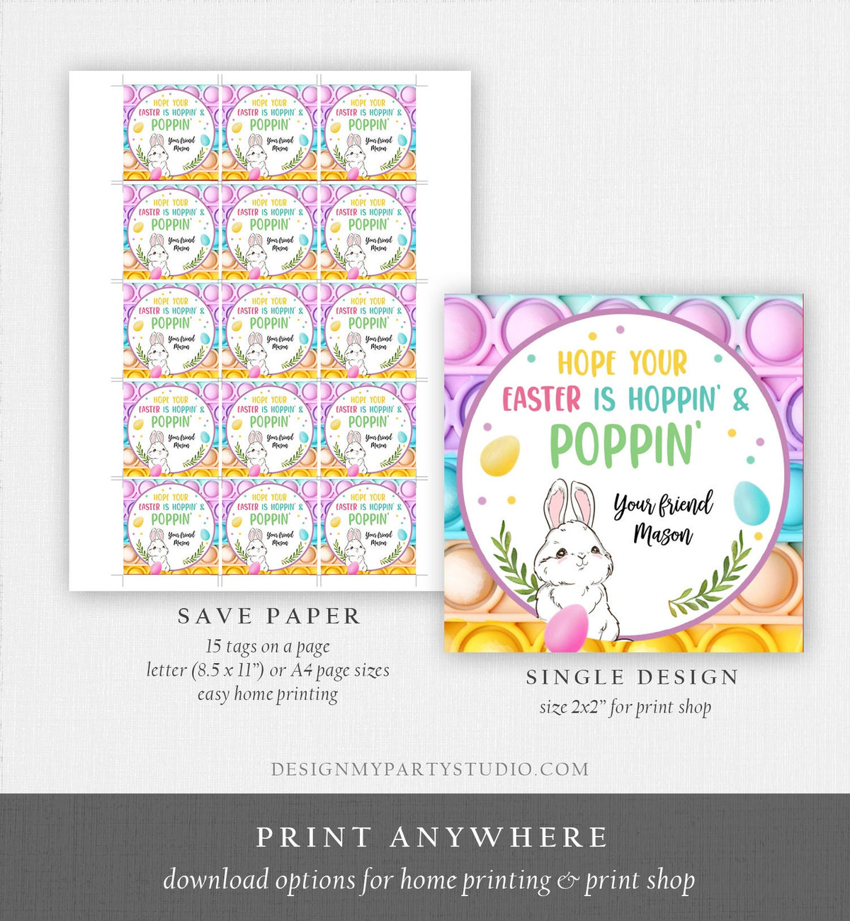 Editable Pop It Easter Gift Tags Easter Favor Tags Fidget Toy Easter Cards for Kids School Poppin&#39; Personalized Tag Digital PRINTABLE 0449