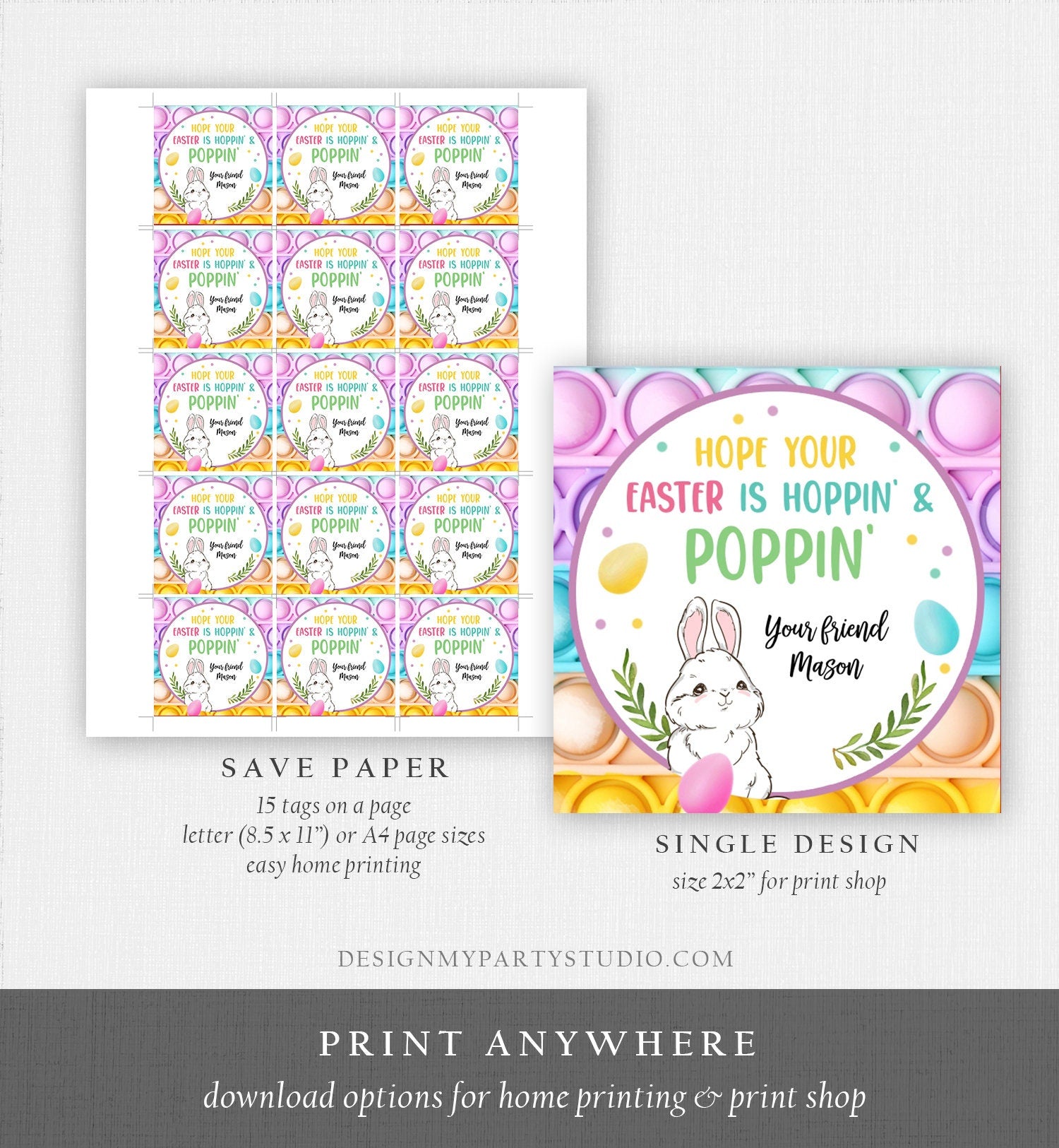 Editable Pop It Easter Gift Tags Easter Favor Tags Fidget Toy Easter Cards for Kids School Poppin' Personalized Tag Digital PRINTABLE 0449