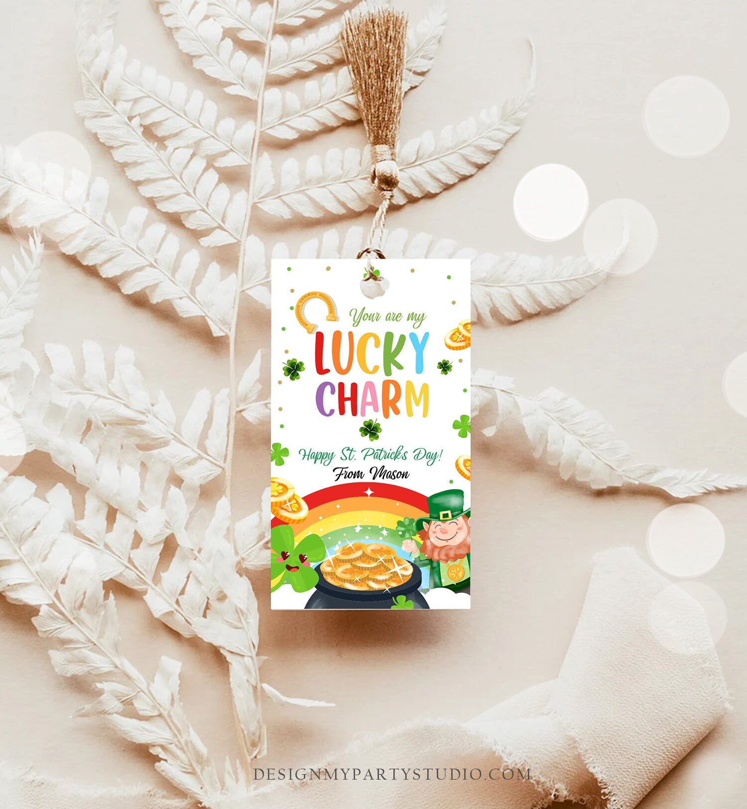 Editable St. Patrick's Day Tag You Are My Lucky Charm Rainbow Favor Tag Friend School Shamrock Cereal Coworker Friend Template Corjl 0451