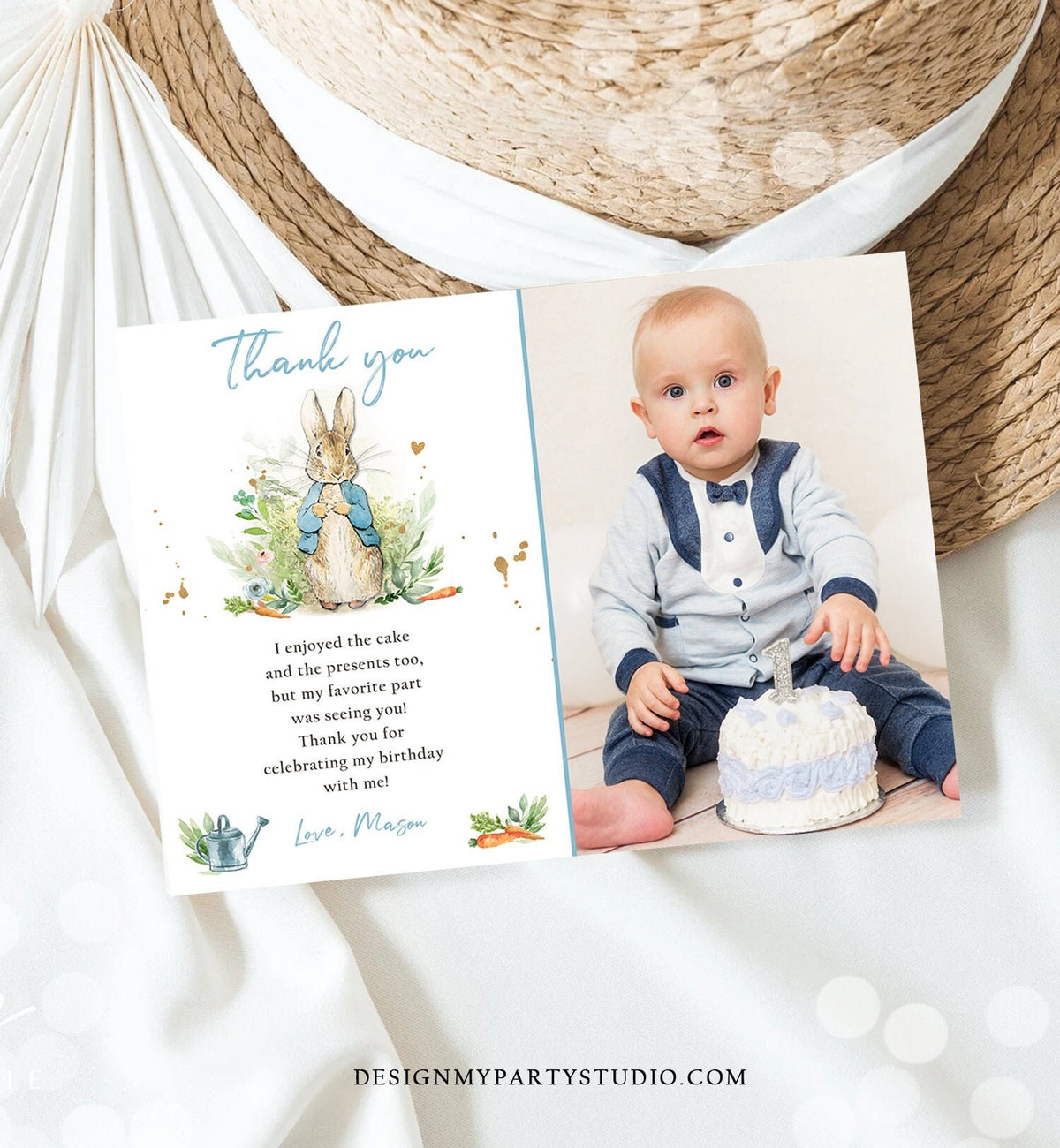 Editable Peter Rabbit Birthday Thank You Card Blue Boy Baby Shower Rustic Peter Rabbit Spring Bunny Digital Corjl Template Printable 0351