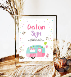 Editable Custom Sign Happy Camper Glamping Camping Birthday Party Girl Pink Outdoor Table Decoration 8x10 Corjl Template PRINTABLE 0342
