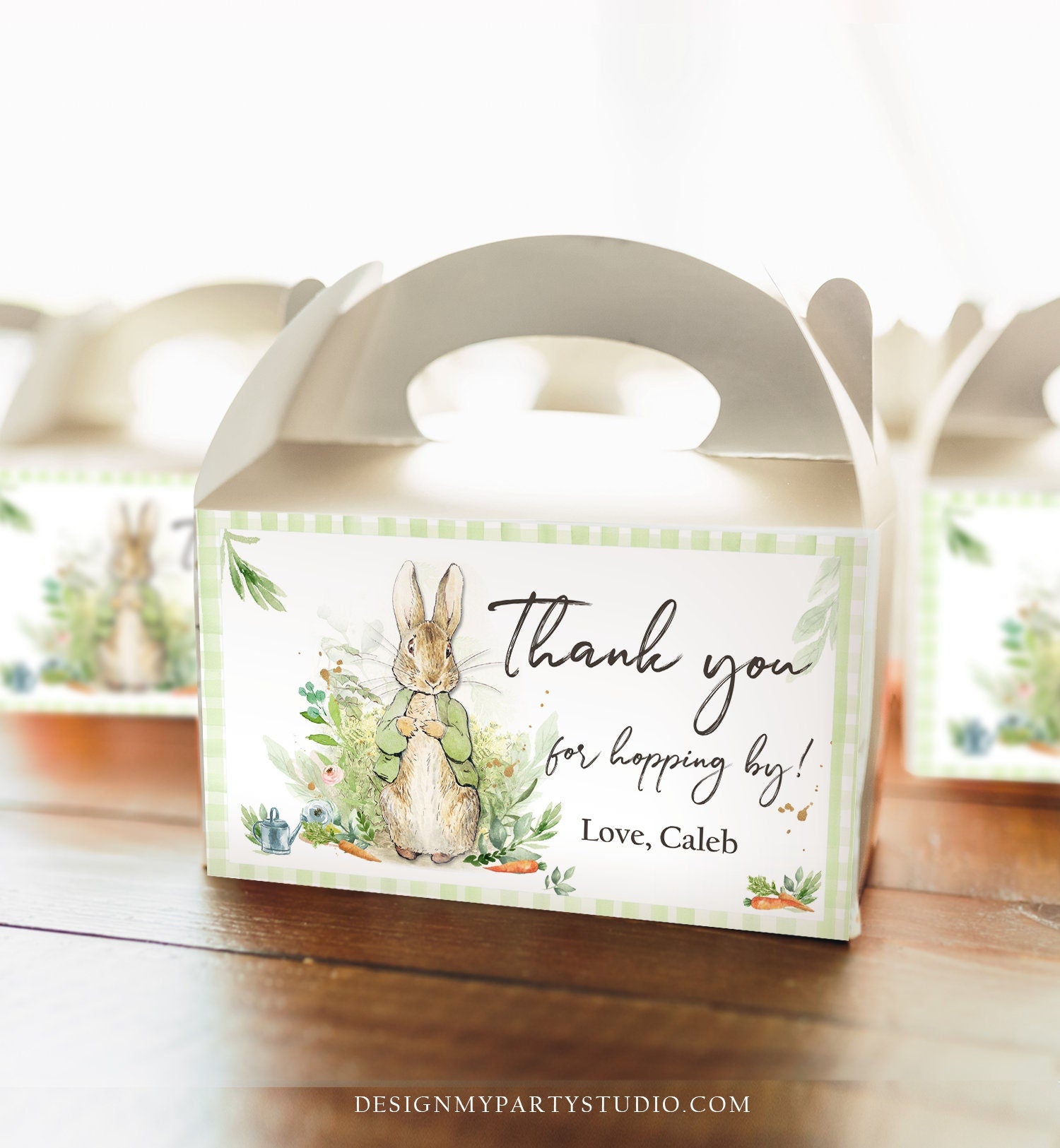 Editable Peter Rabbit Gable Gift Box Label Bunny Favors Peter Rabbit Baby Shower Thank You Hopping Neutral Download Printable Corjl 0351