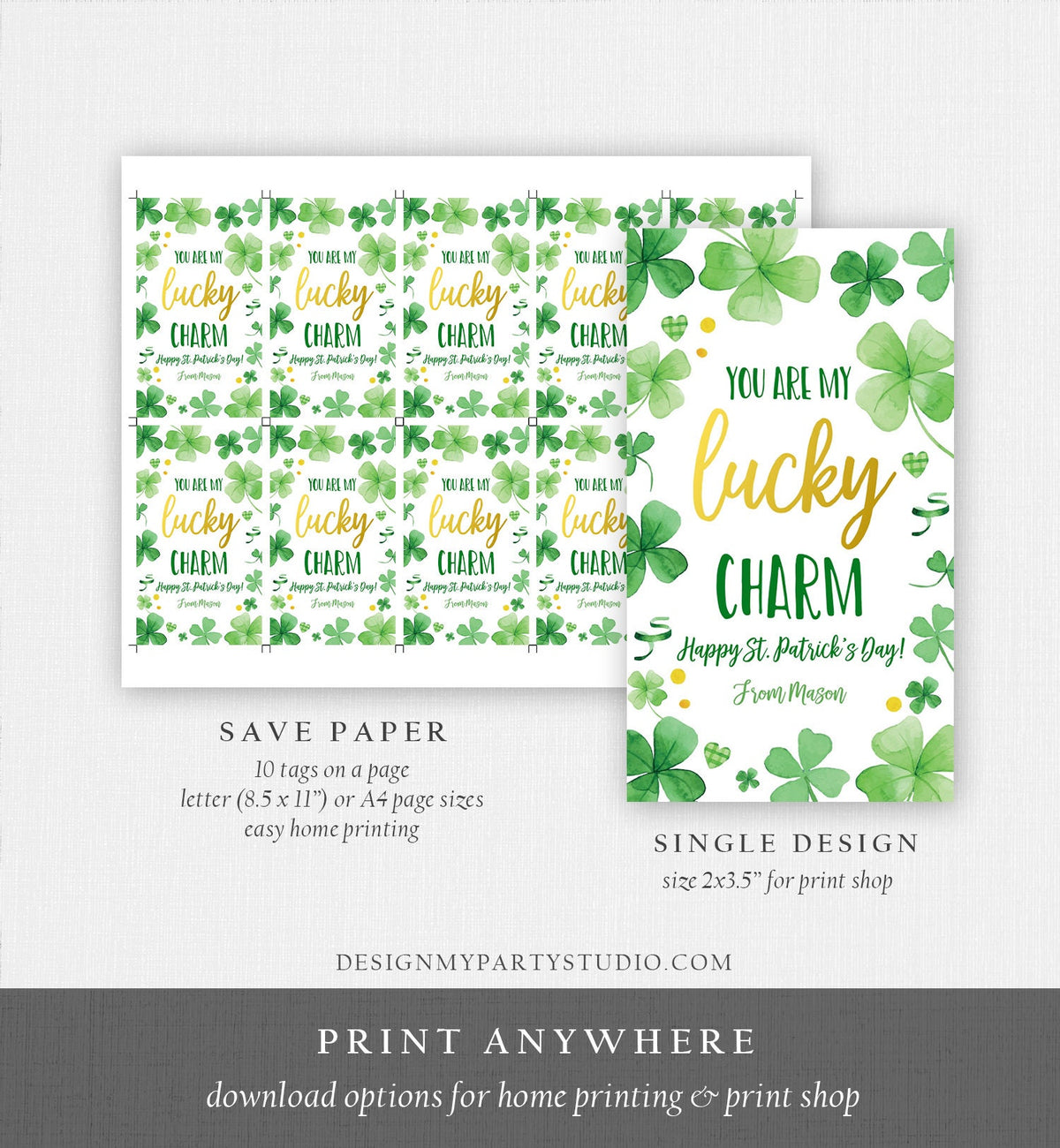Editable St. Patrick&#39;s Day Tag You Are My Lucky Charm Rainbow Favor Tag Friend School Shamrock Cereal Coworker Friend Template Corjl 0451