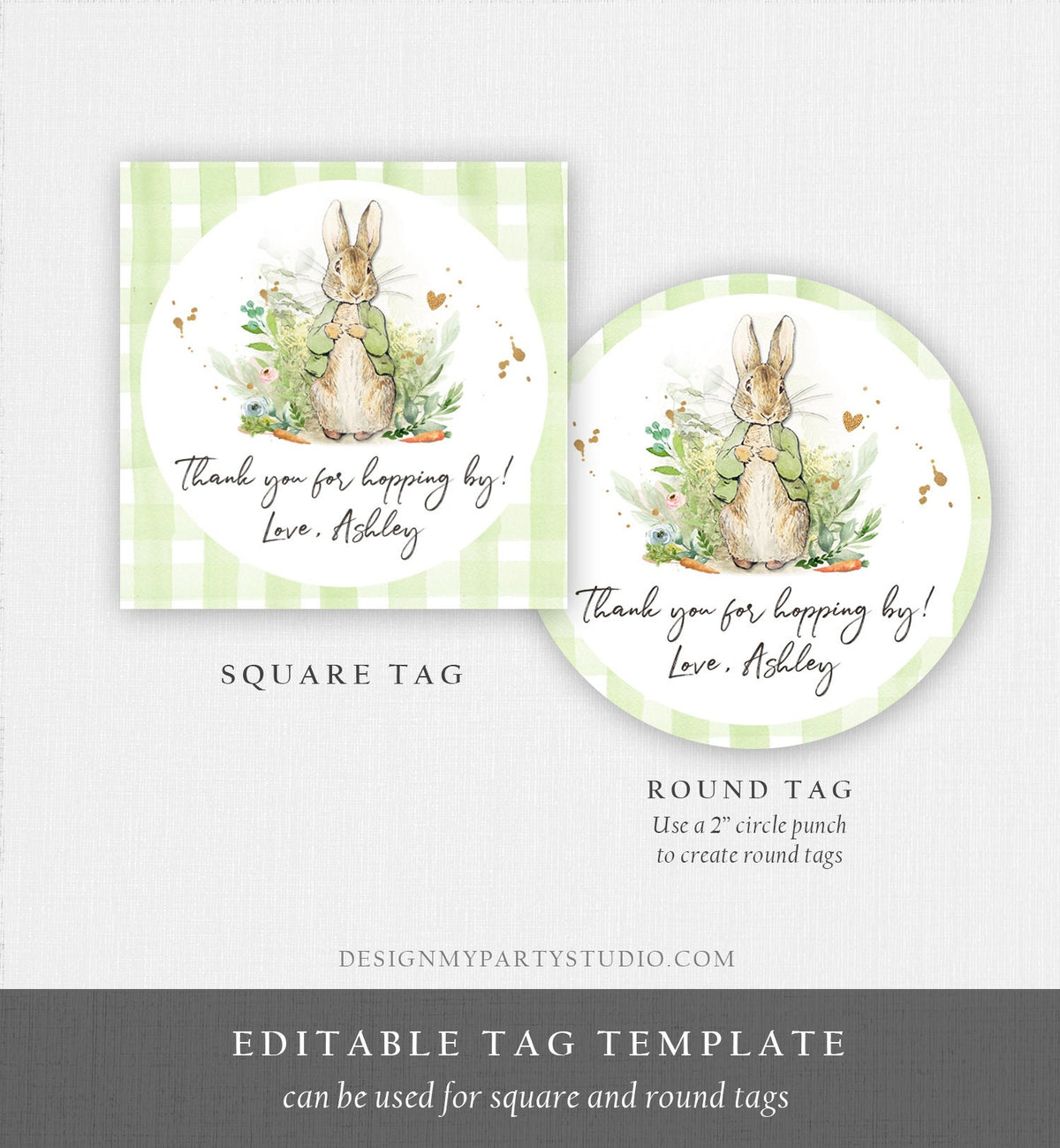 Editable Peter Rabbit Favor Tags Bunny Thank you Tags Round Boy Baby Shower Labels Thanks Hopping By Printable Download Corjl Template 0351