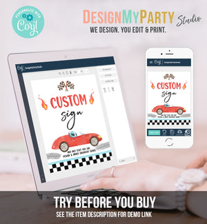 Editable Custom Sign Race Car Birthday Two Fast 2 Curious Racing Vintage Cars Red Boy Party 8x10 Download Corjl Template PRINTABLE 0424