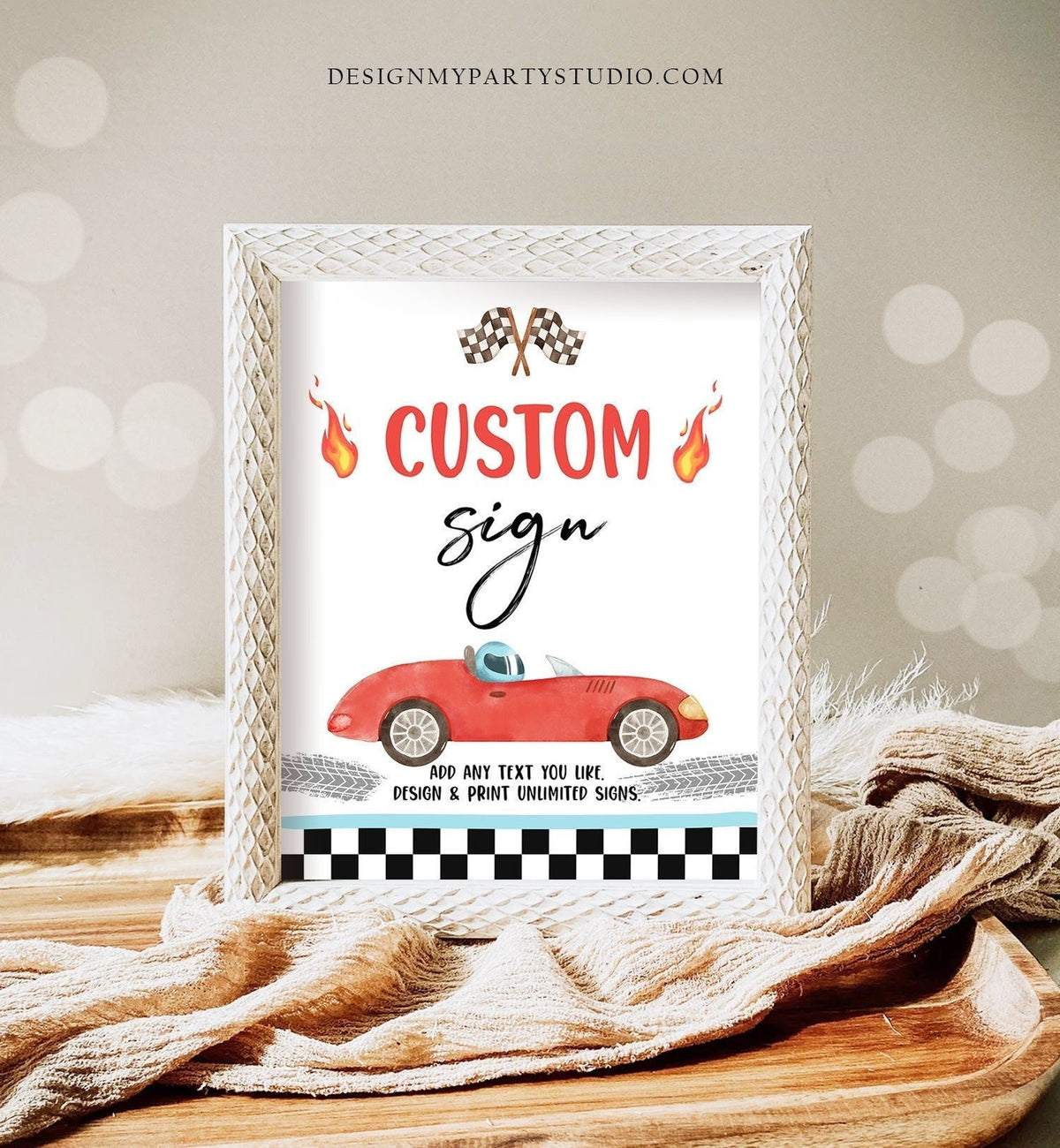Editable Custom Sign Race Car Birthday Two Fast 2 Curious Racing Vintage Cars Red Boy Party 8x10 Download Corjl Template PRINTABLE 0424