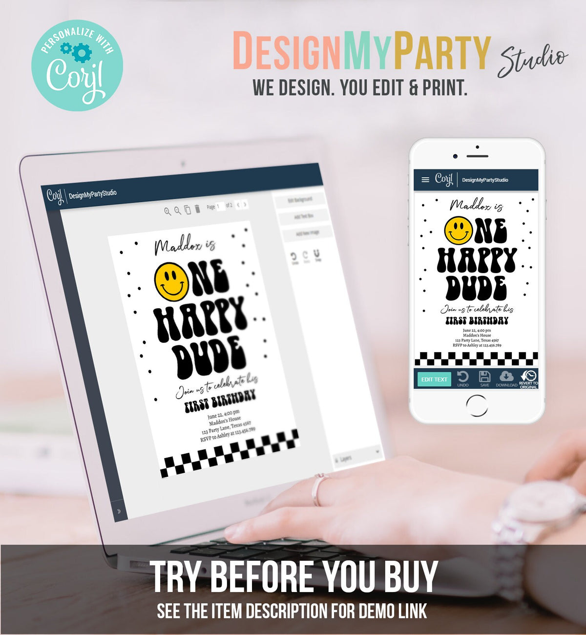 Editable One Happy Dude Birthday Invitation Boy 1st Birthday Invite Smiley Face Birthday Girl Download Printable Template Digital Corjl 0456