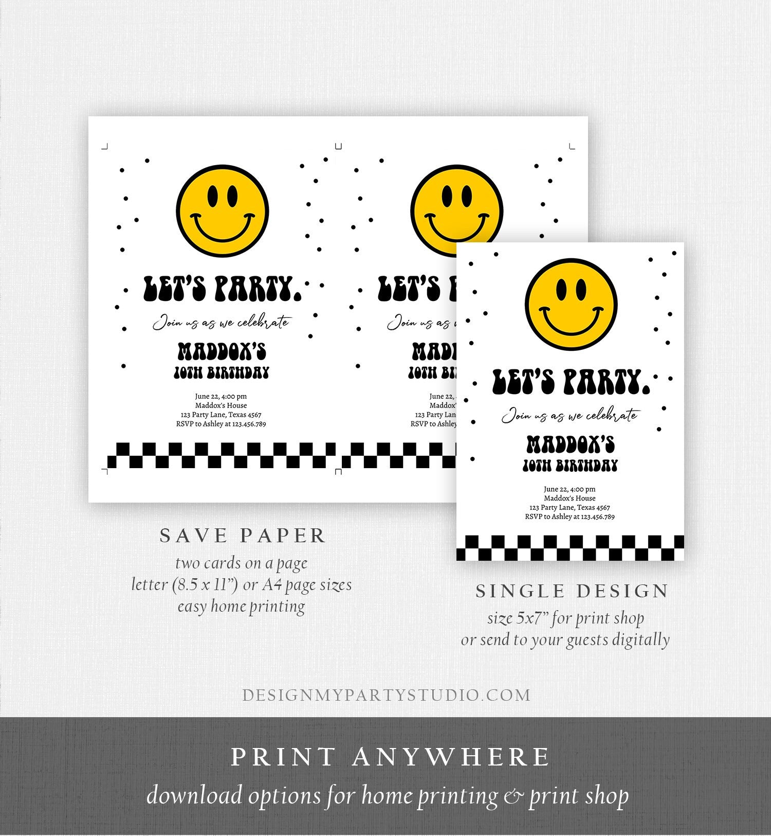 Editable Smiley Birthday Invitation Boy Smiley Face Invite Let's Party Teen 10th 13th 15th Download Printable Template Digital Corjl 0456