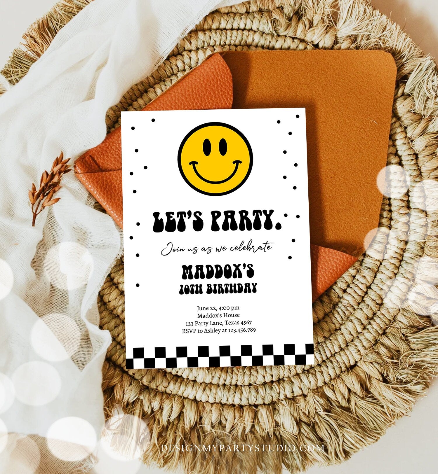 Editable Smiley Birthday Invitation Boy Smiley Face Invite Let's Party Teen 10th 13th 15th Download Printable Template Digital Corjl 0456