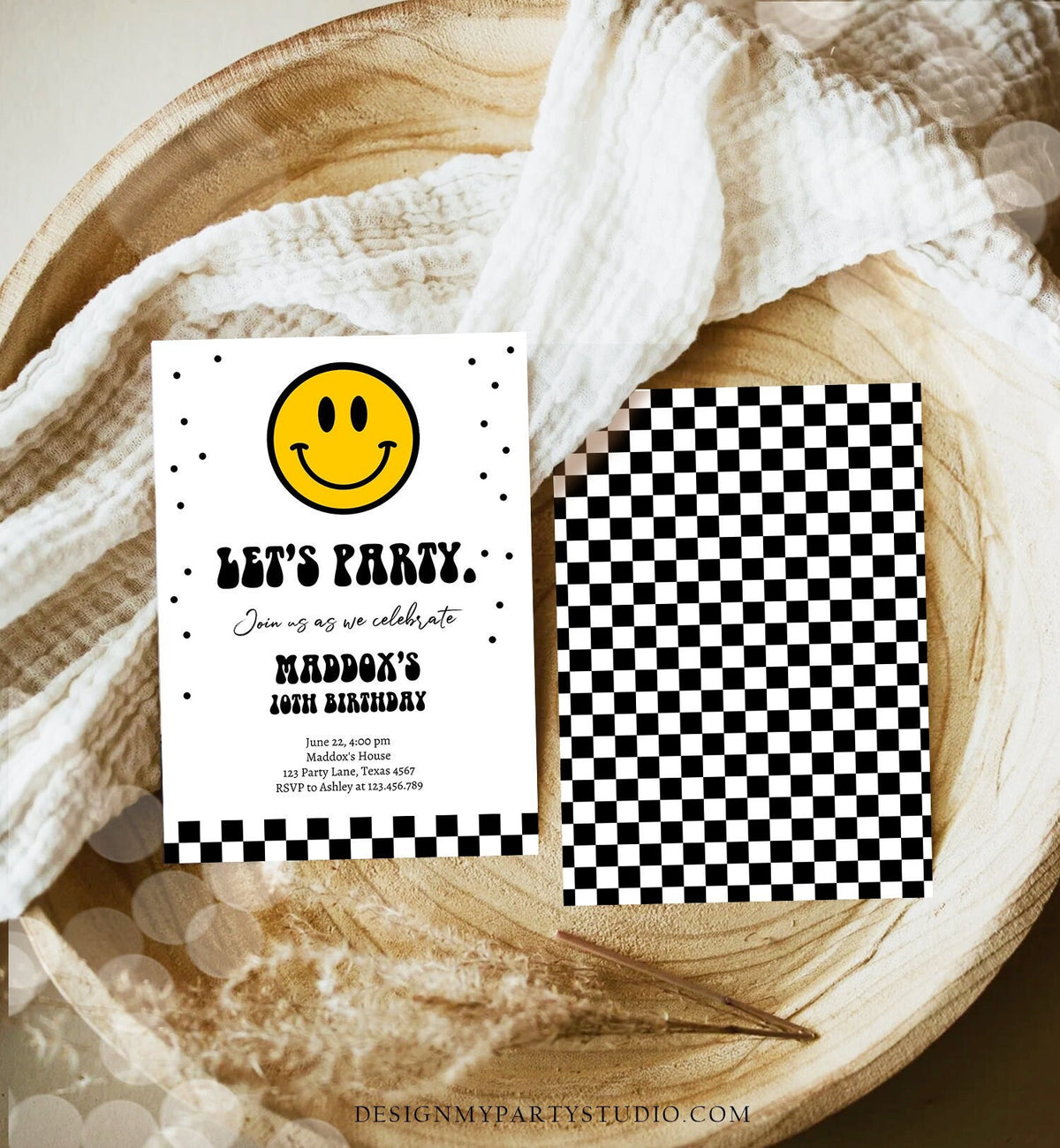 Editable Smiley Birthday Invitation Boy Smiley Face Invite Let's Party Teen 10th 13th 15th Download Printable Template Digital Corjl 0456