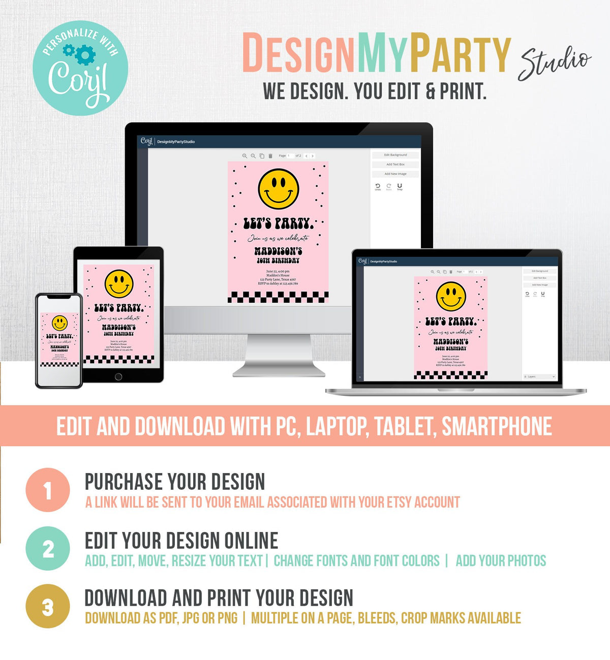 Editable Smiley Birthday Invitation Girl Smiley Face Invite Let's Party Teen 10th 13th 15th Download Printable Template Digital Corjl 0456