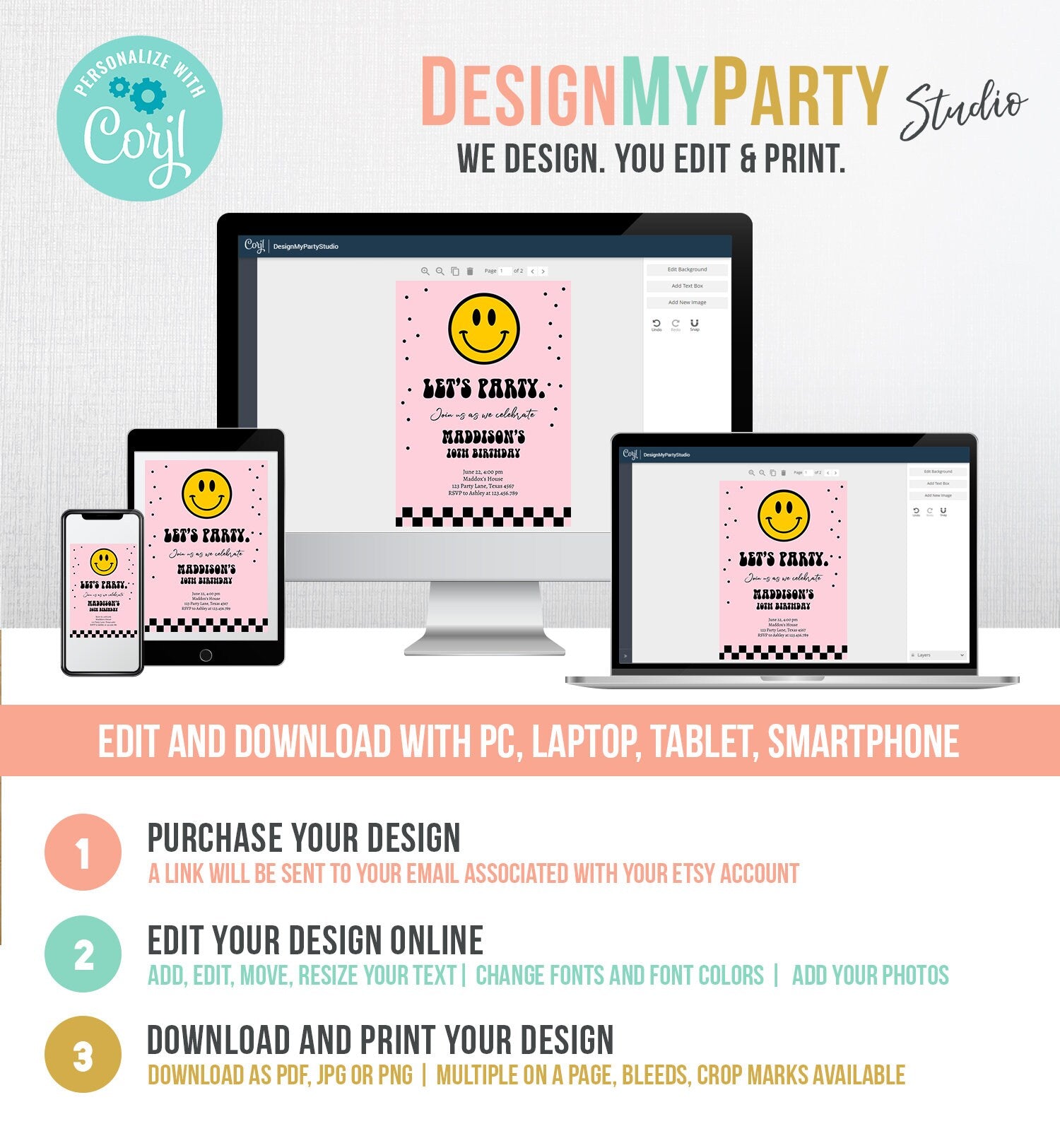 Editable Smiley Birthday Invitation Girl Smiley Face Invite Let's Party Teen 10th 13th 15th Download Printable Template Digital Corjl 0456
