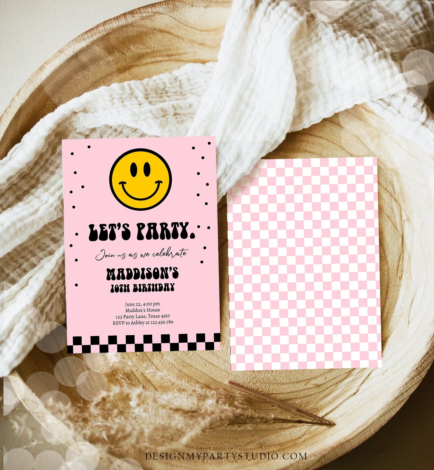 Editable Smiley Birthday Invitation Girl Smiley Face Invite Let's Party Teen 10th 13th 15th Download Printable Template Digital Corjl 0456
