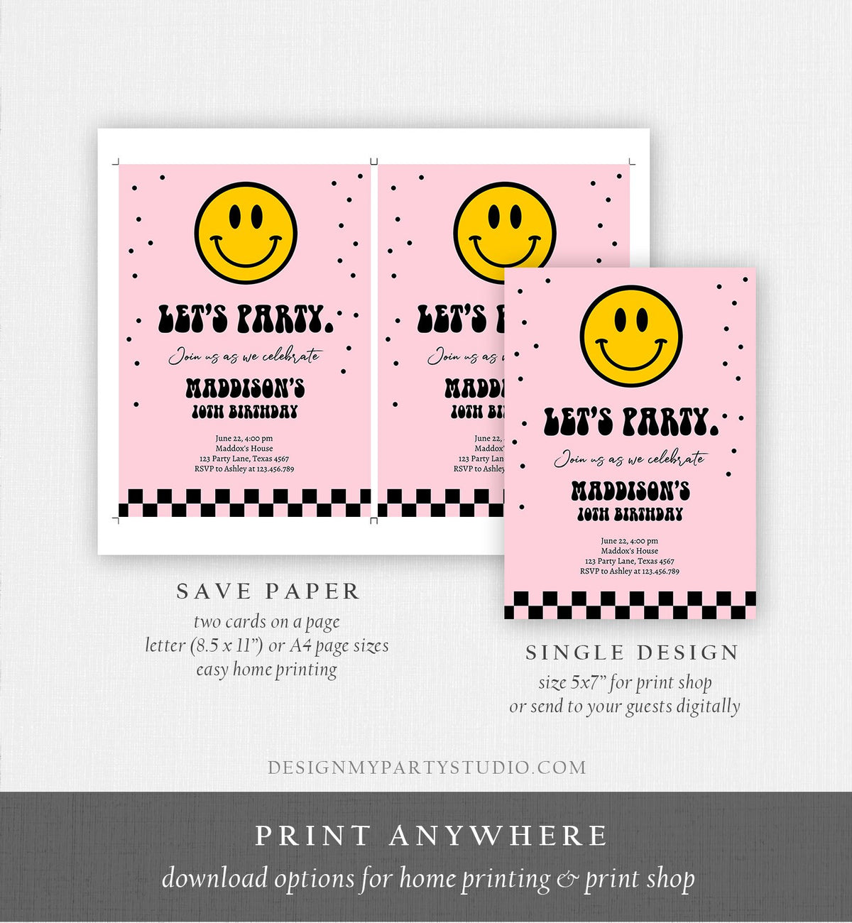 Editable Smiley Birthday Invitation Girl Smiley Face Invite Let's Party Teen 10th 13th 15th Download Printable Template Digital Corjl 0456