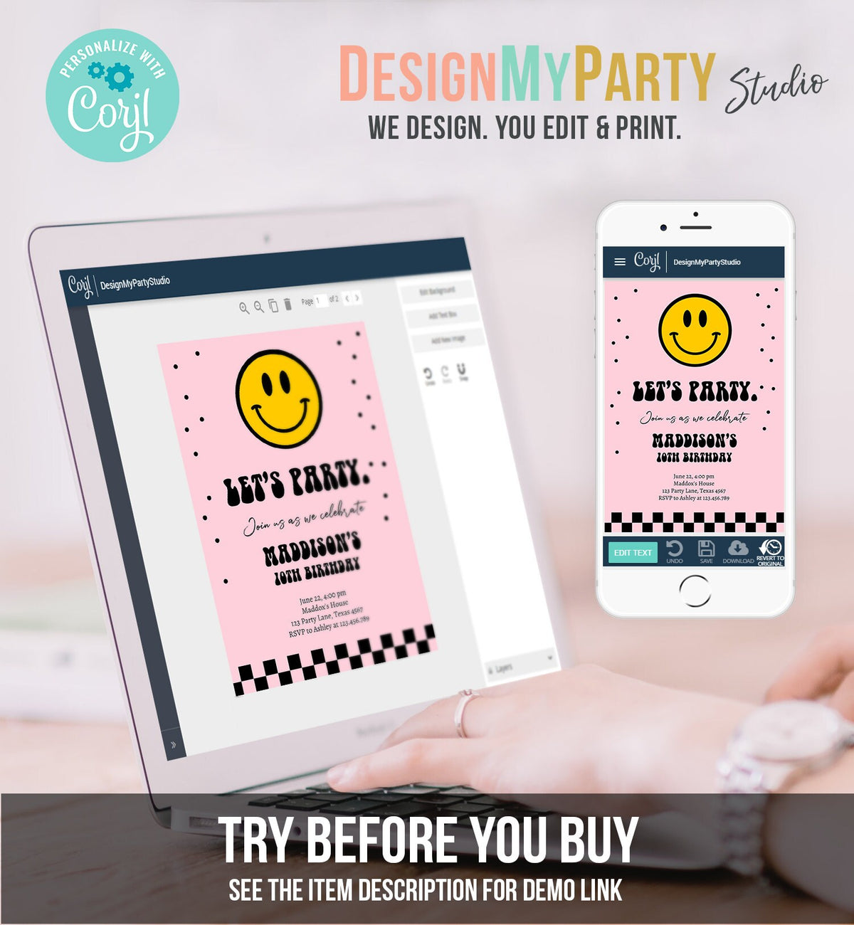 Editable Smiley Birthday Invitation Girl Smiley Face Invite Let's Party Teen 10th 13th 15th Download Printable Template Digital Corjl 0456
