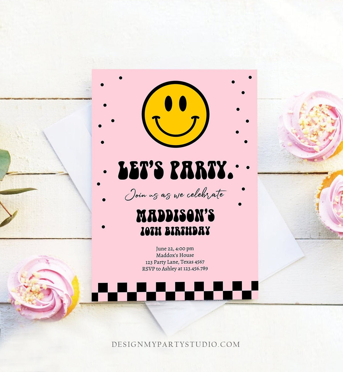 Editable Smiley Birthday Invitation Girl Smiley Face Invite Let's Party Teen 10th 13th 15th Download Printable Template Digital Corjl 0456