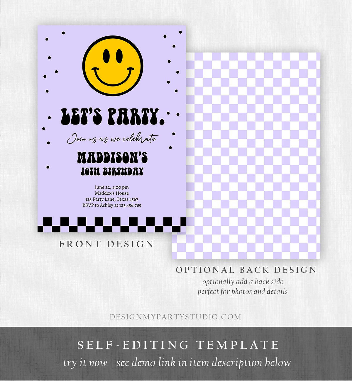 Editable Smiley Birthday Invitation Girl Smiley Face Invite Let's Party Teen 10th 13th 15th Download Printable Template Digital Corjl 0456
