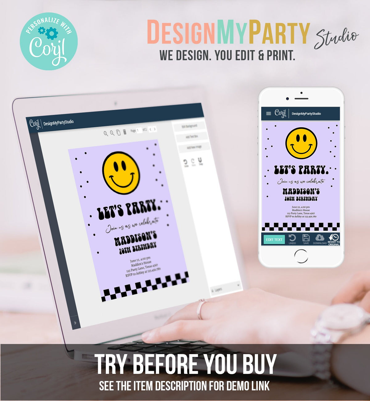 Editable Smiley Birthday Invitation Girl Smiley Face Invite Let's Party Teen 10th 13th 15th Download Printable Template Digital Corjl 0456