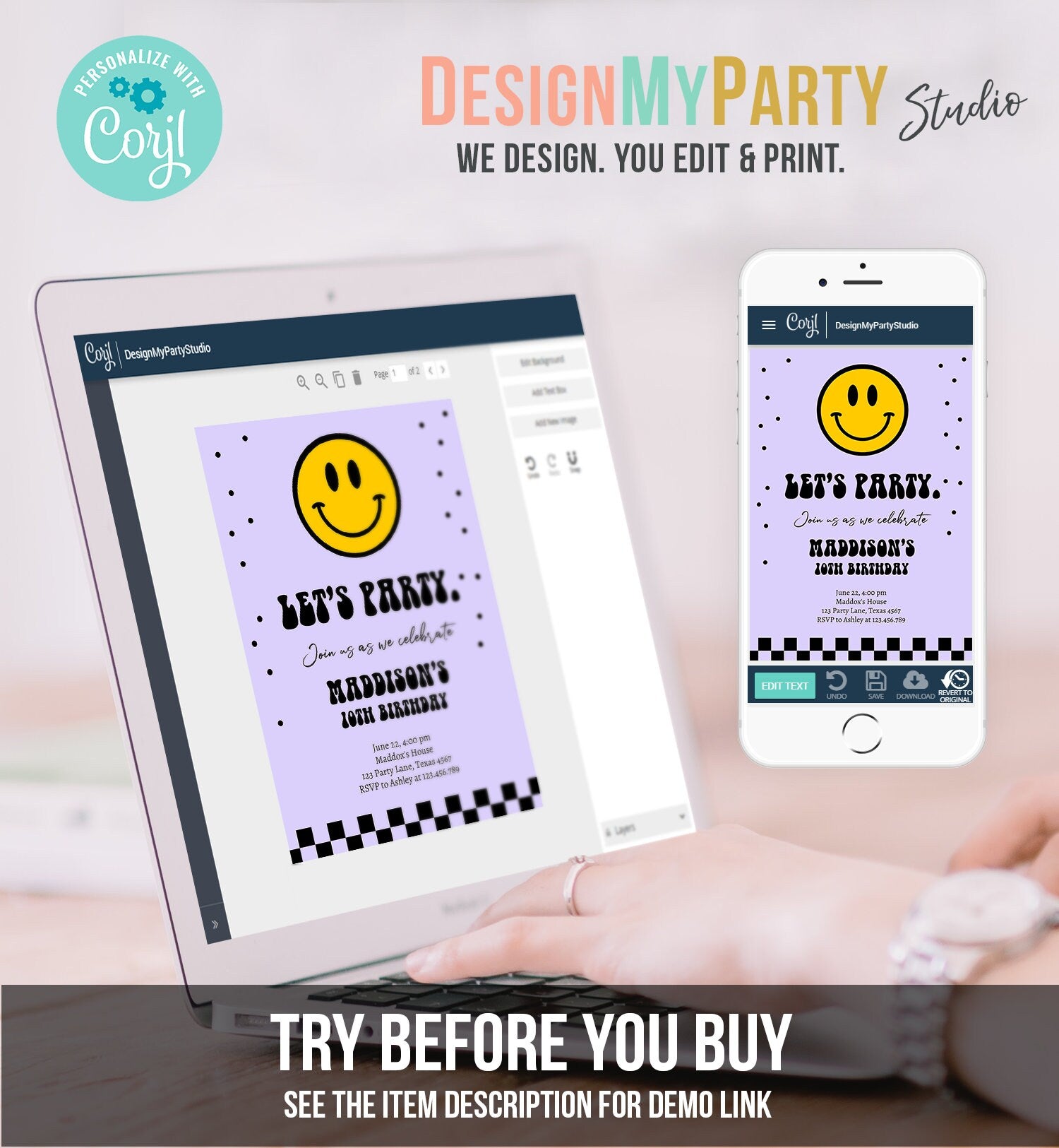 Editable Smiley Birthday Invitation Girl Smiley Face Invite Let's Party Teen 10th 13th 15th Download Printable Template Digital Corjl 0456