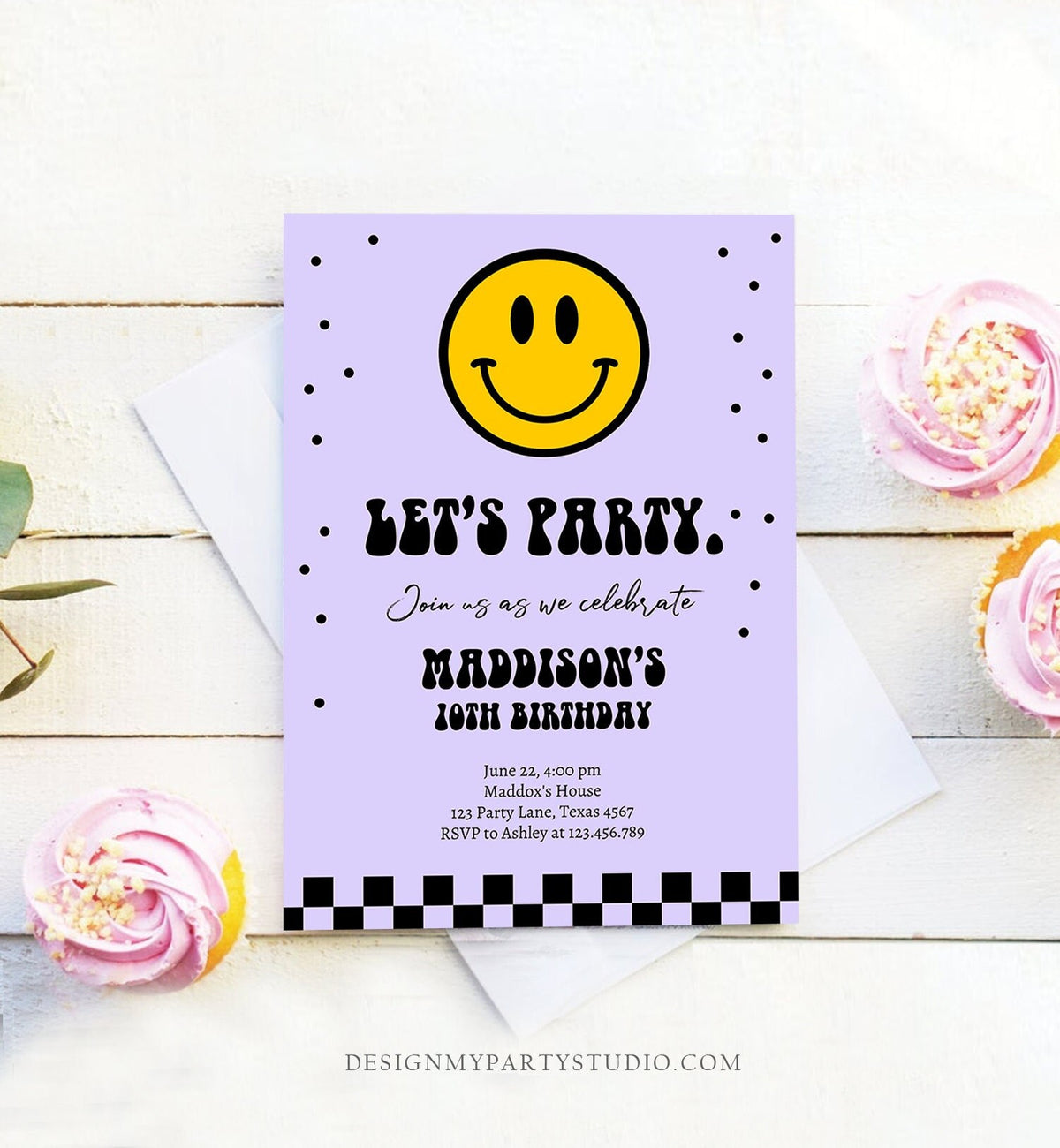 Editable Smiley Birthday Invitation Girl Smiley Face Invite Let's Party Teen 10th 13th 15th Download Printable Template Digital Corjl 0456
